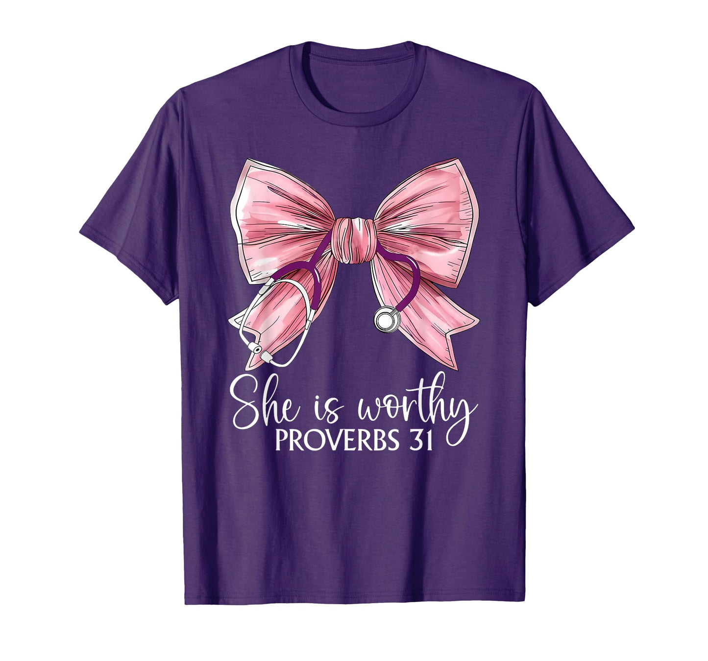 Stethoscope Coquette Bow She Is Worthy Christian Bible Nurse T-Shirt