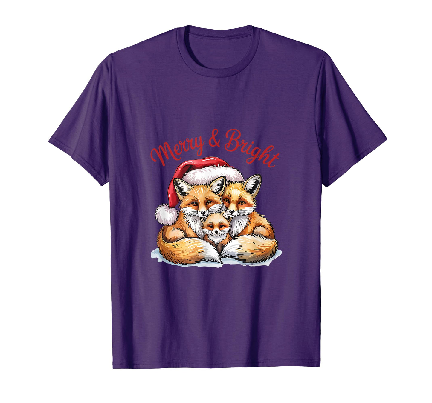 Merry Fox Family Christmas Art with Santa Hat T-Shirt