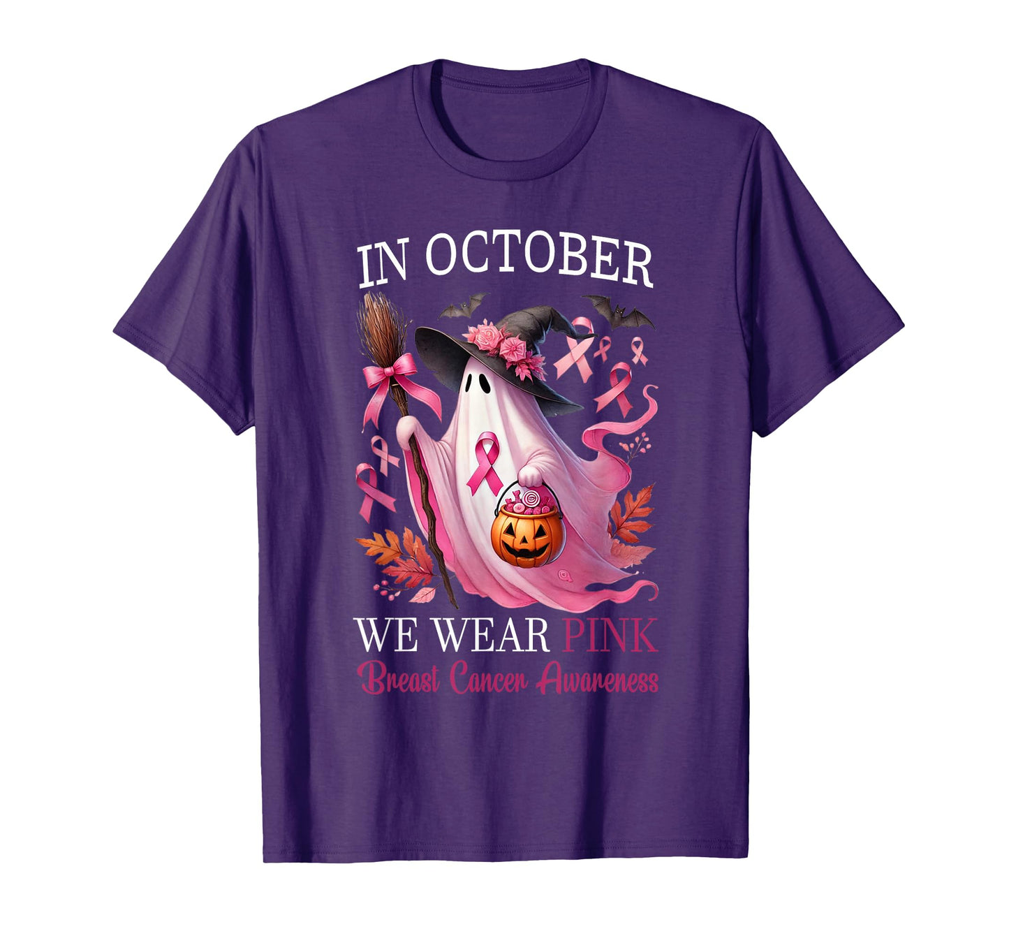 in October We Wear Pink Ribbon Ghost Breast Cancer Awareness T-Shirt