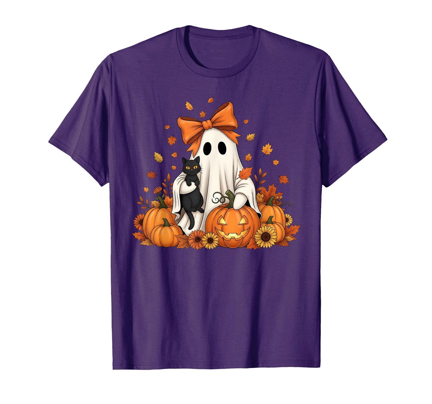 Vintage Halloween Ghost Holding Black Cat Groovy Floral T-Shirt