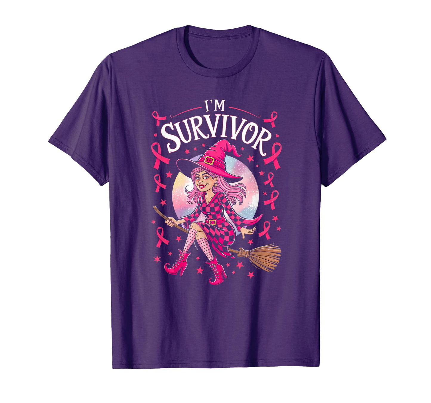 Halloween Party Witch Pink Ribbon Survivor Breast Cancer T-Shirt