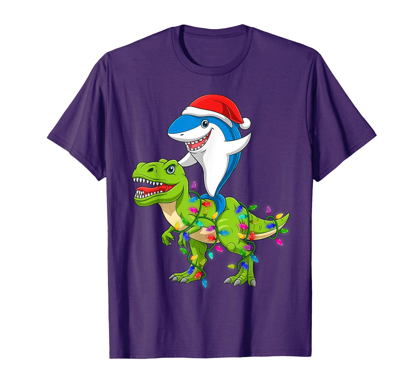 Shark Riding Dinosaur Christmas Lighting Mens Xmas Squad T-Shirt