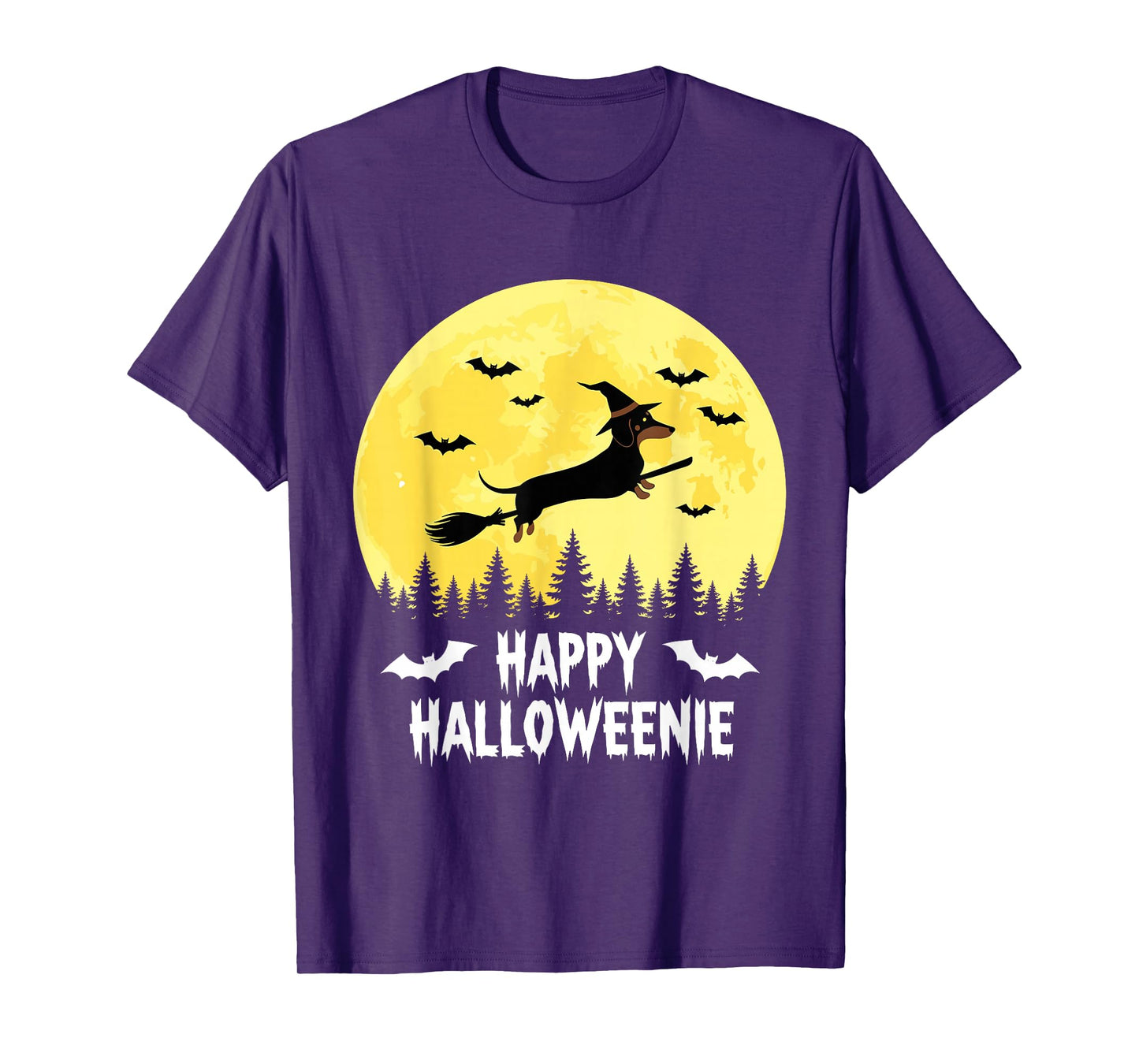 Happy Halloweenie Funny Halloween Dachshund Flying Witch T-Shirt