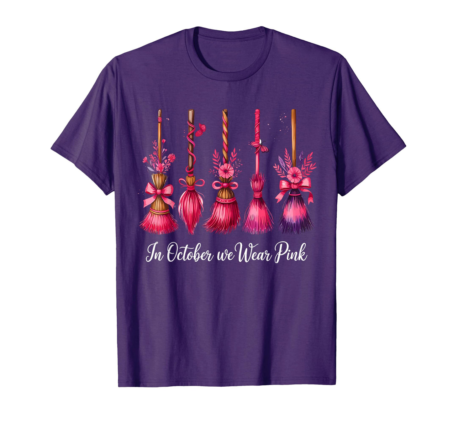 in October We Wear Pink Witch Brooms Halloween Breast Cancer T-Shirt