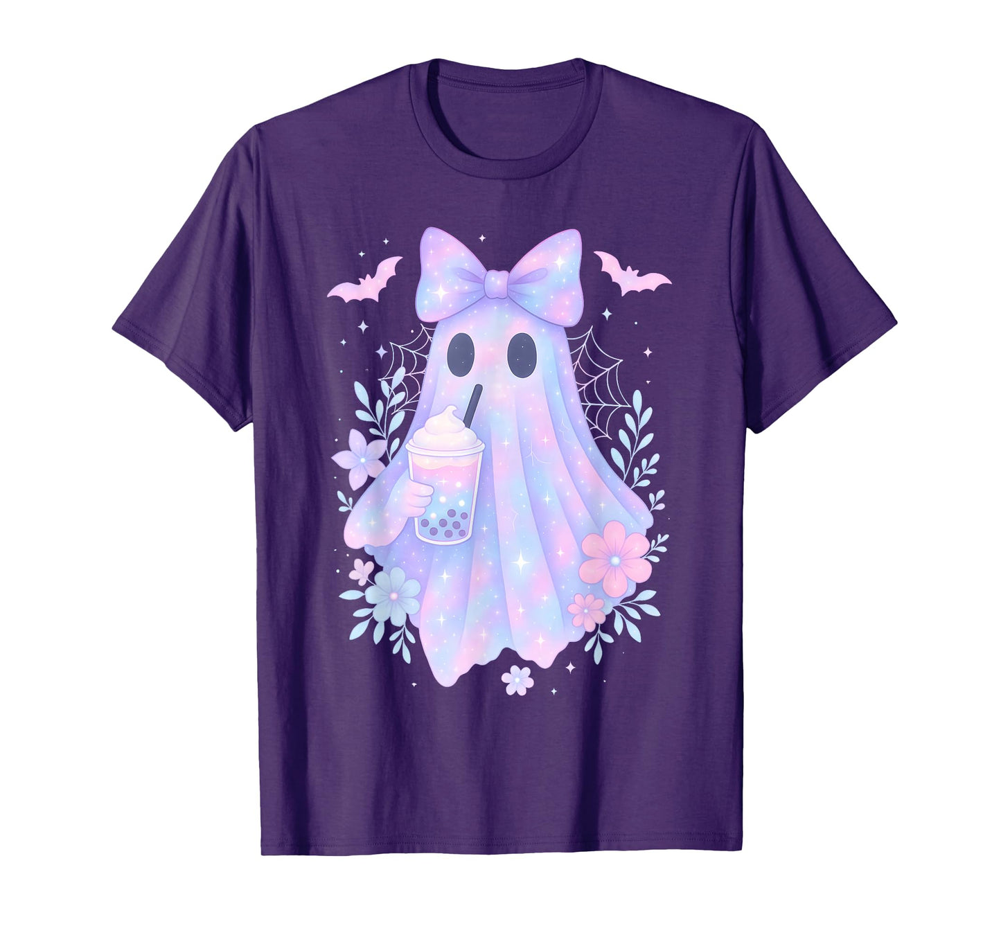 Kawaii Pastel Galaxy Ghost Bubble Tea Halloween Coquette Bow T-Shirt
