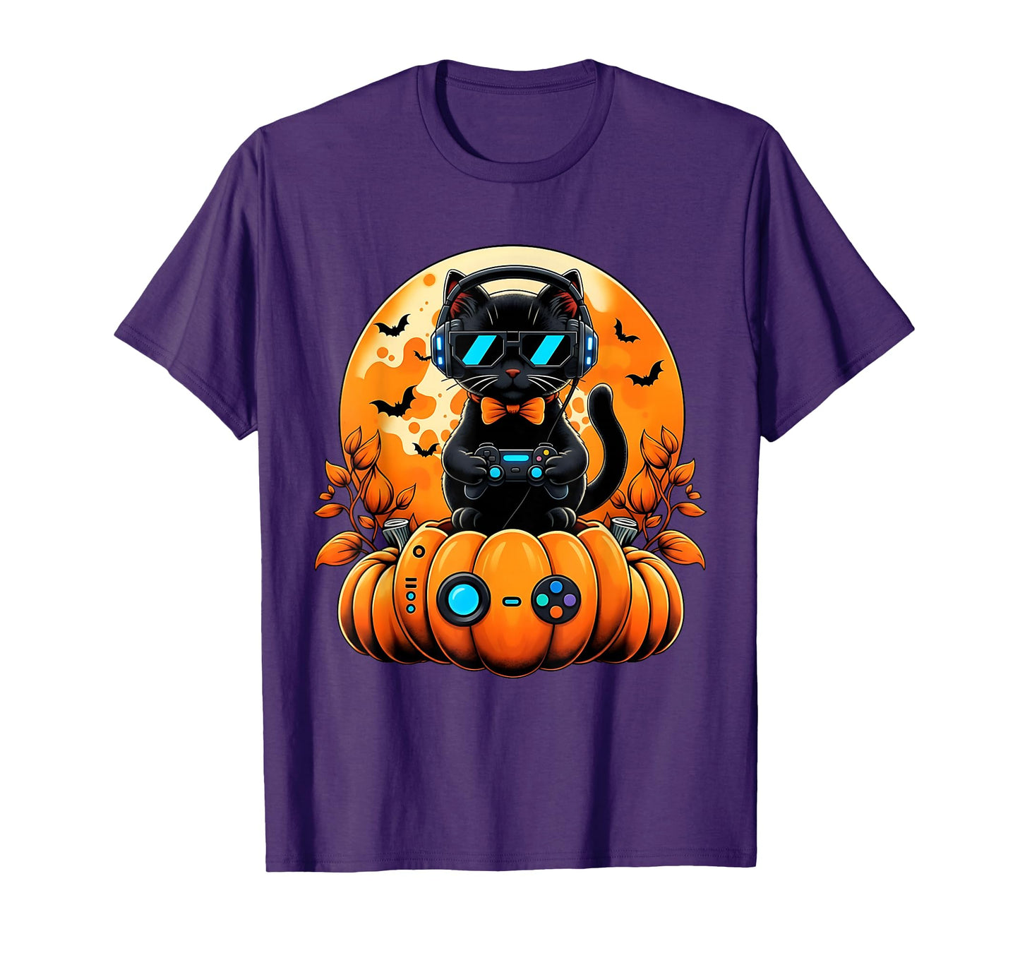 Retro Gamer Black Cat Pumpkin Halloween Fall Autumn Season T-Shirt