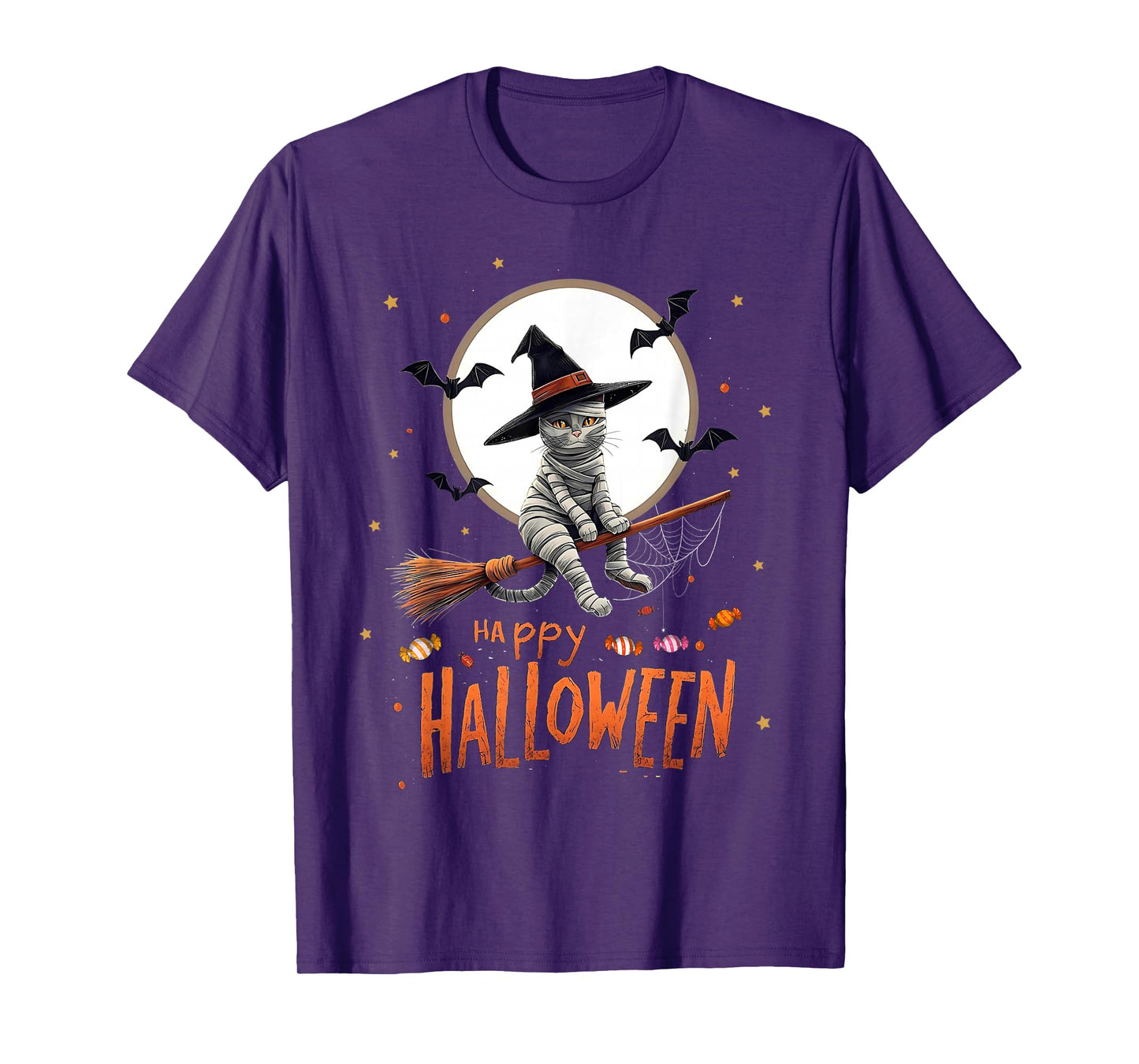 Mummy Cat Witch Candy Spooky Ghost Happy Halloween Costume T-Shirt