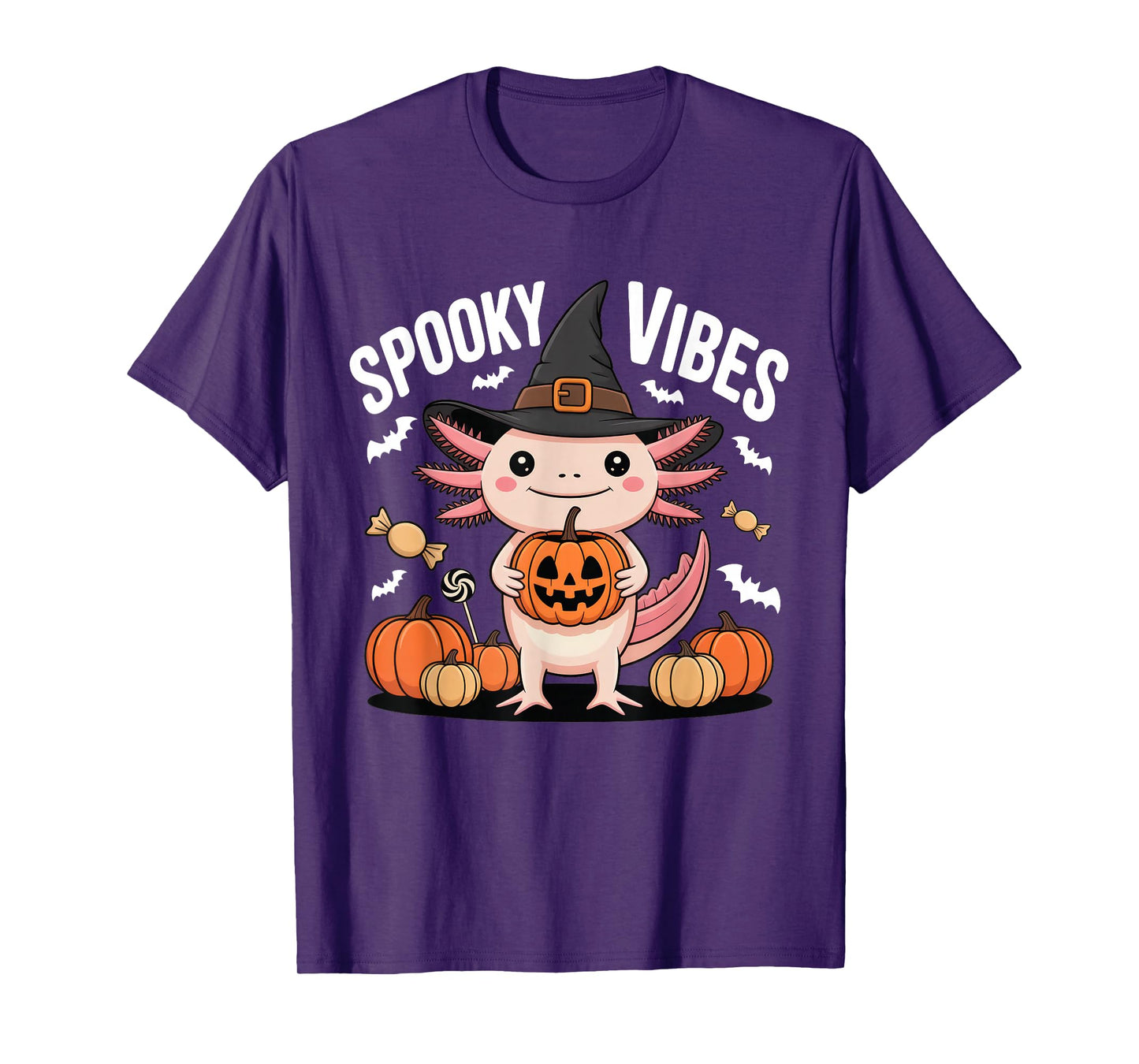 Cute Axolotl Witch Spooky Vibes Funny Halloween Pumpkin T-Shirt