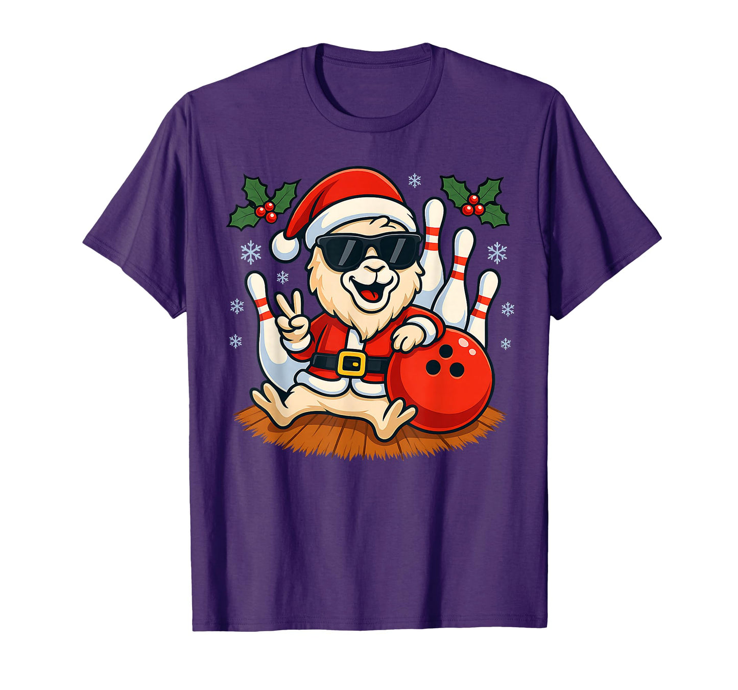 Santa Llama Bowling Christmas Funny Holiday Vibes Men Women T-Shirt