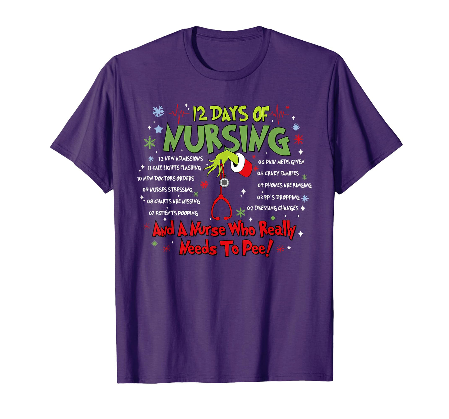 12 Days of Nursing Stethoscope Nurse Christmas Xmas Holiday T-Shirt