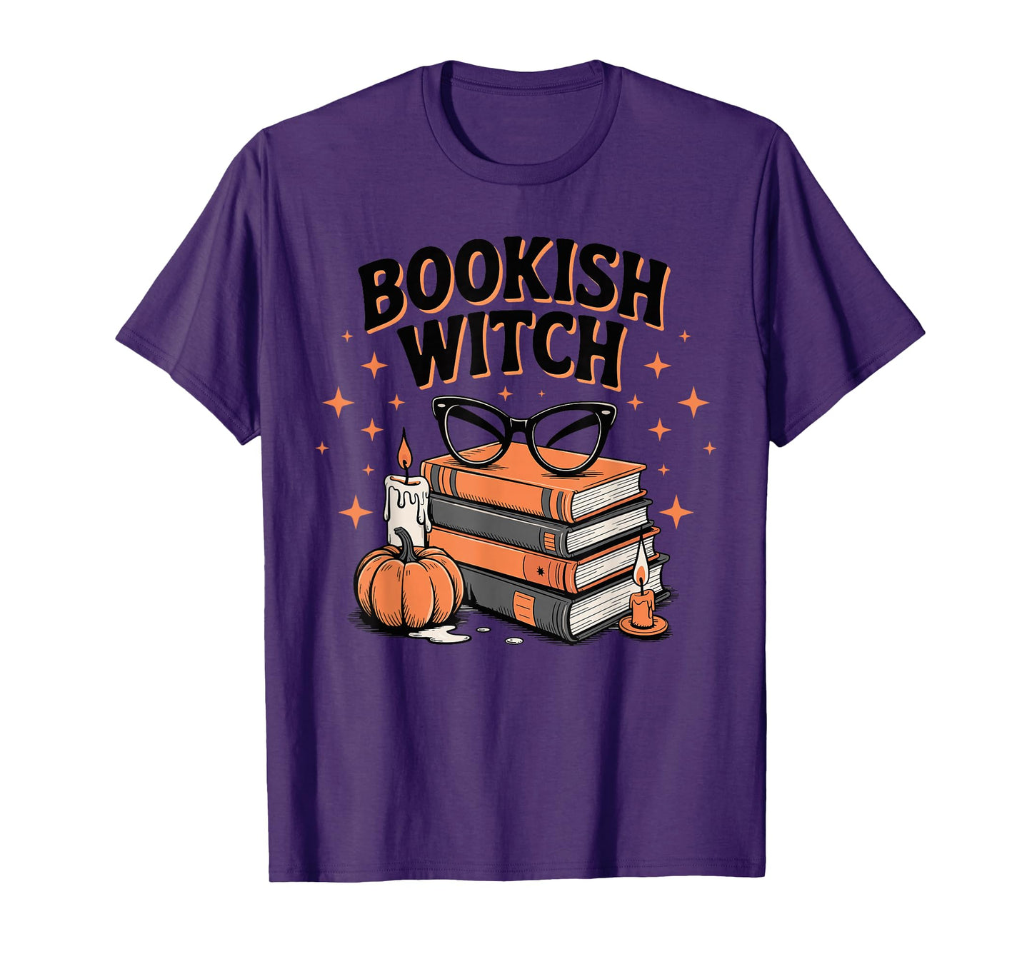 Bookish Witch Glasses Books Pumpkin Candles Scene T-Shirt