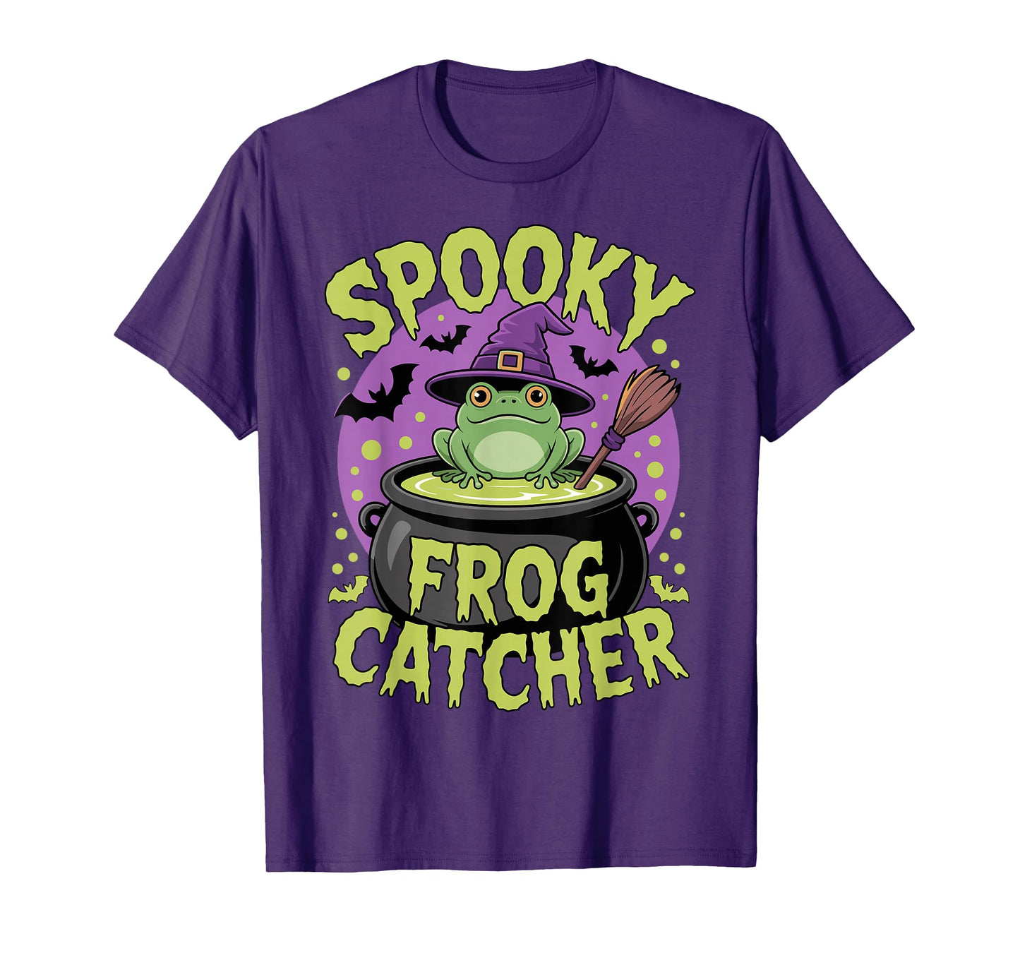 Kawaii Frog Witch with Bats and Cauldron Halloween T-Shirt