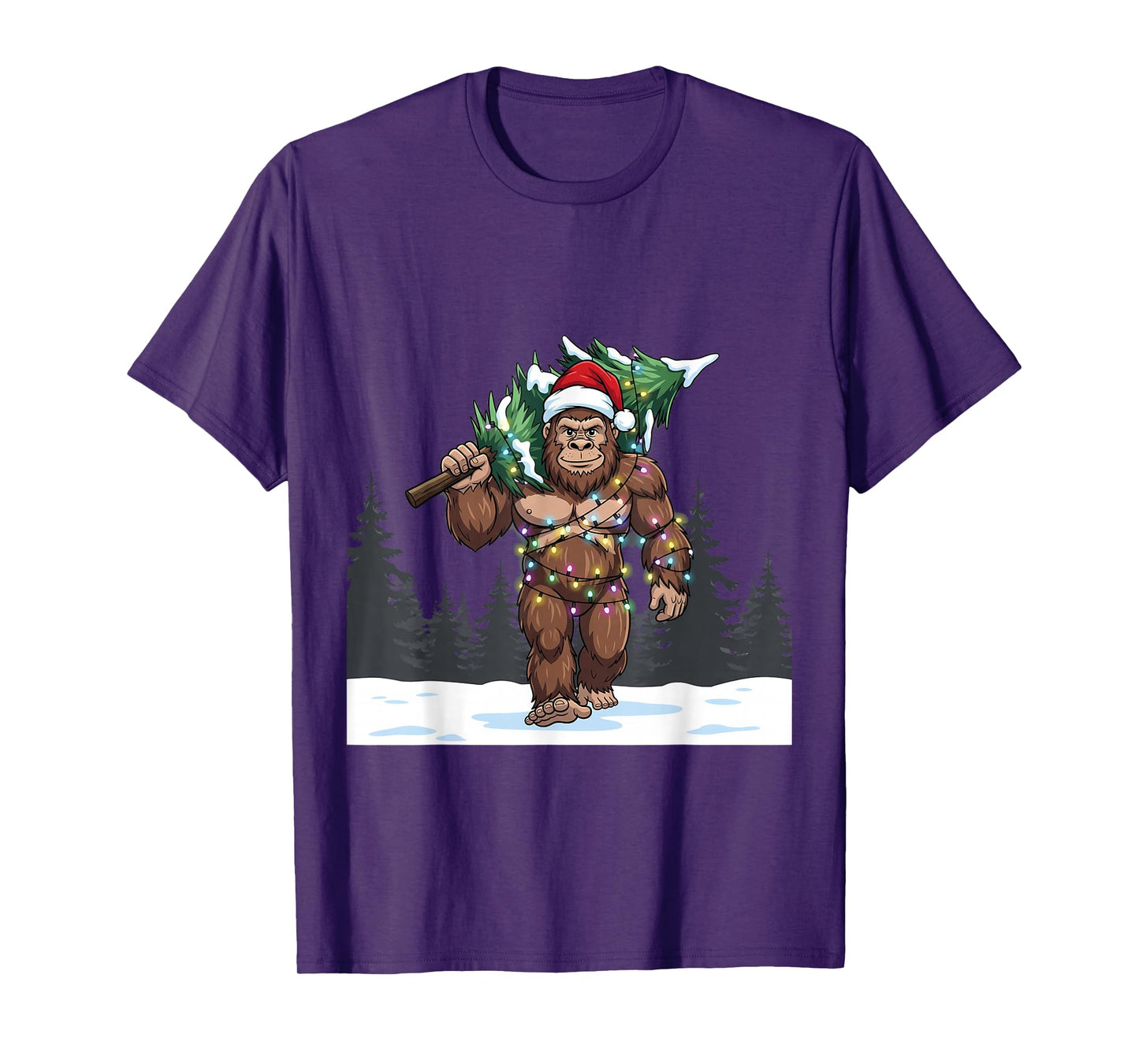 Bigfoot Christmas Tree Funny Holiday Lights Santa T-Shirt