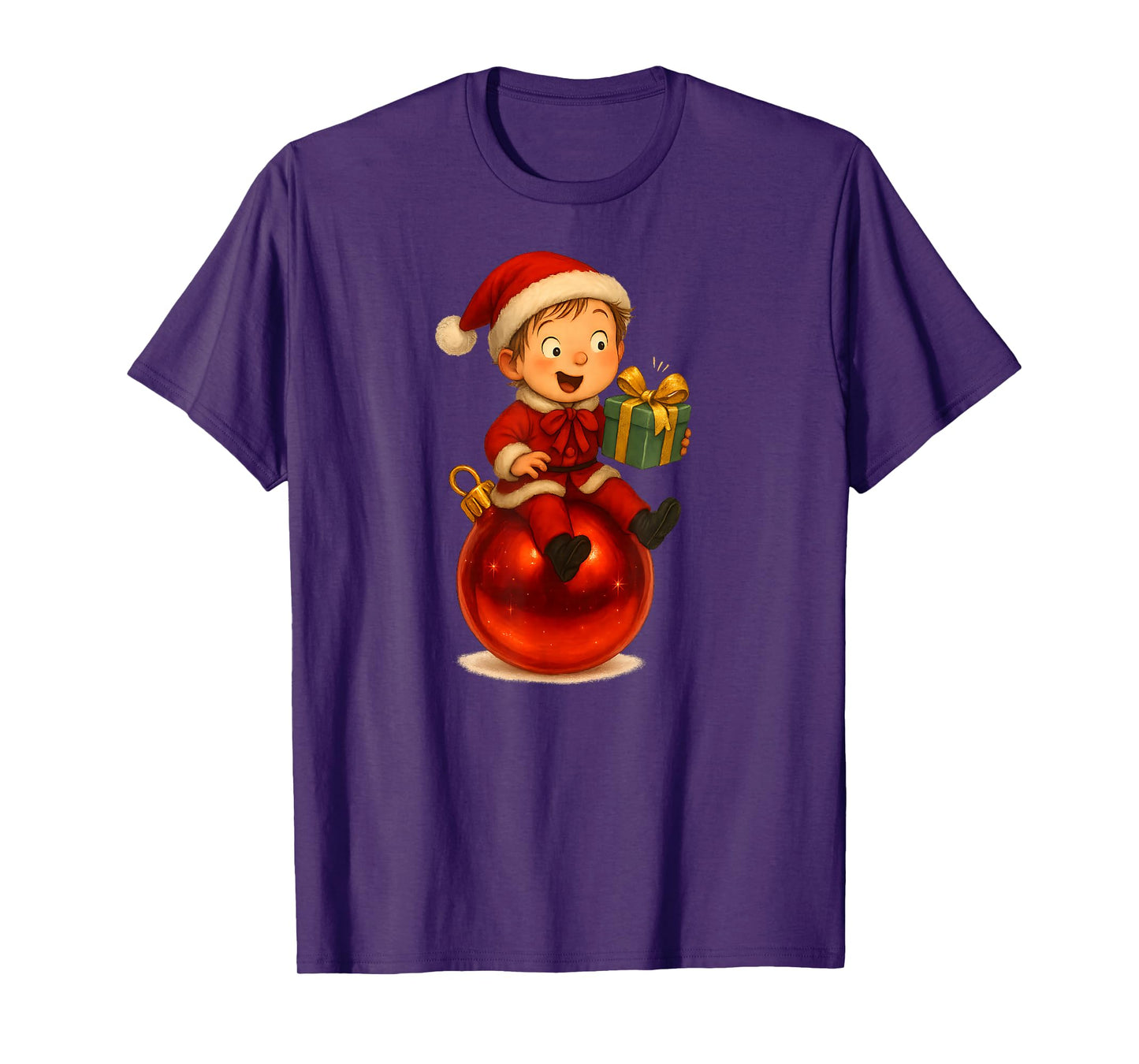 Christmas Holiday Kid in Santa Costume on Giant Red Ornament T-Shirt