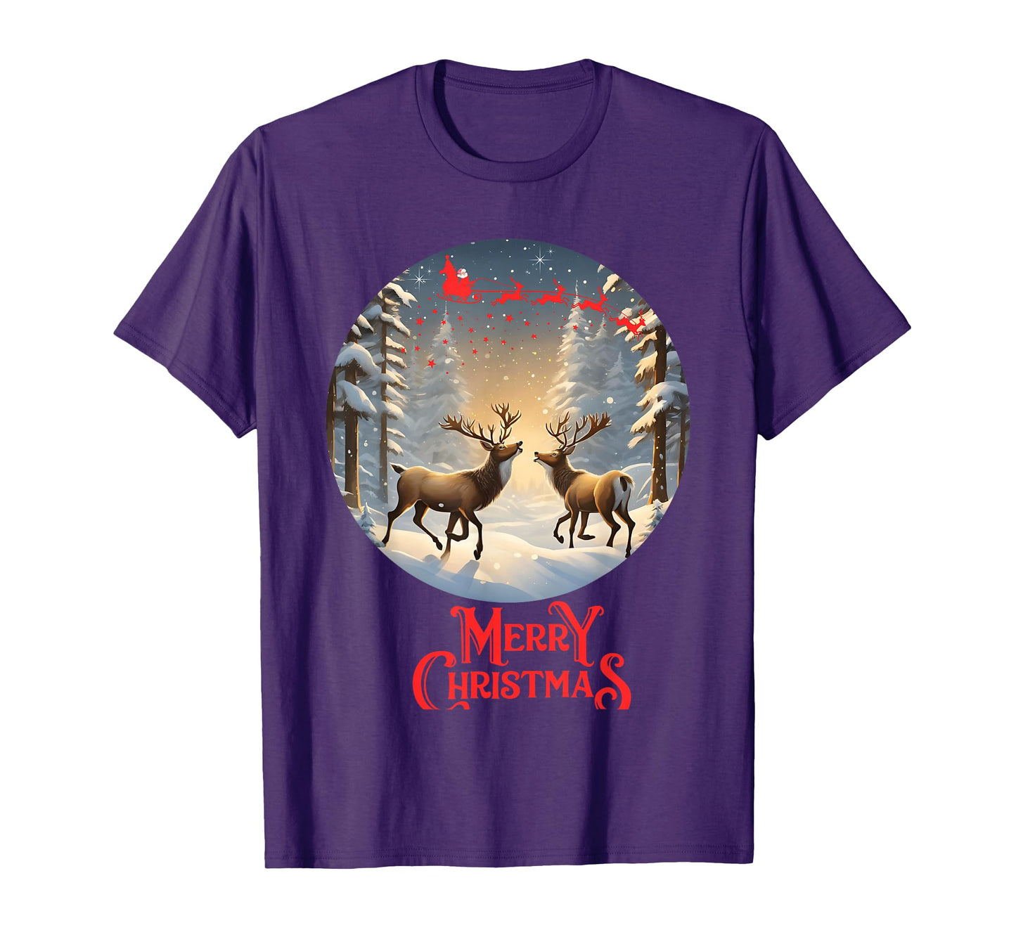 Merry Christmas Reindeers Santa Sleigh Cute T-Shirt