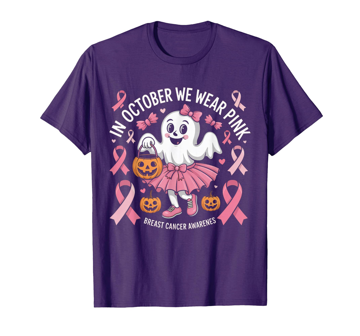 in October We Wear Pink Ghost Witch Breast Cancer Awareness T-Shirt