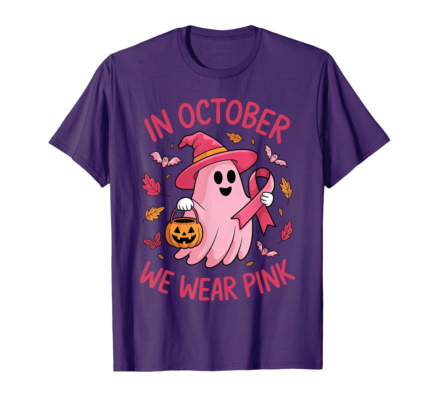 in October We Wear Pink Ribbon Breast Cancer Ghost Witch Hat T-Shirt