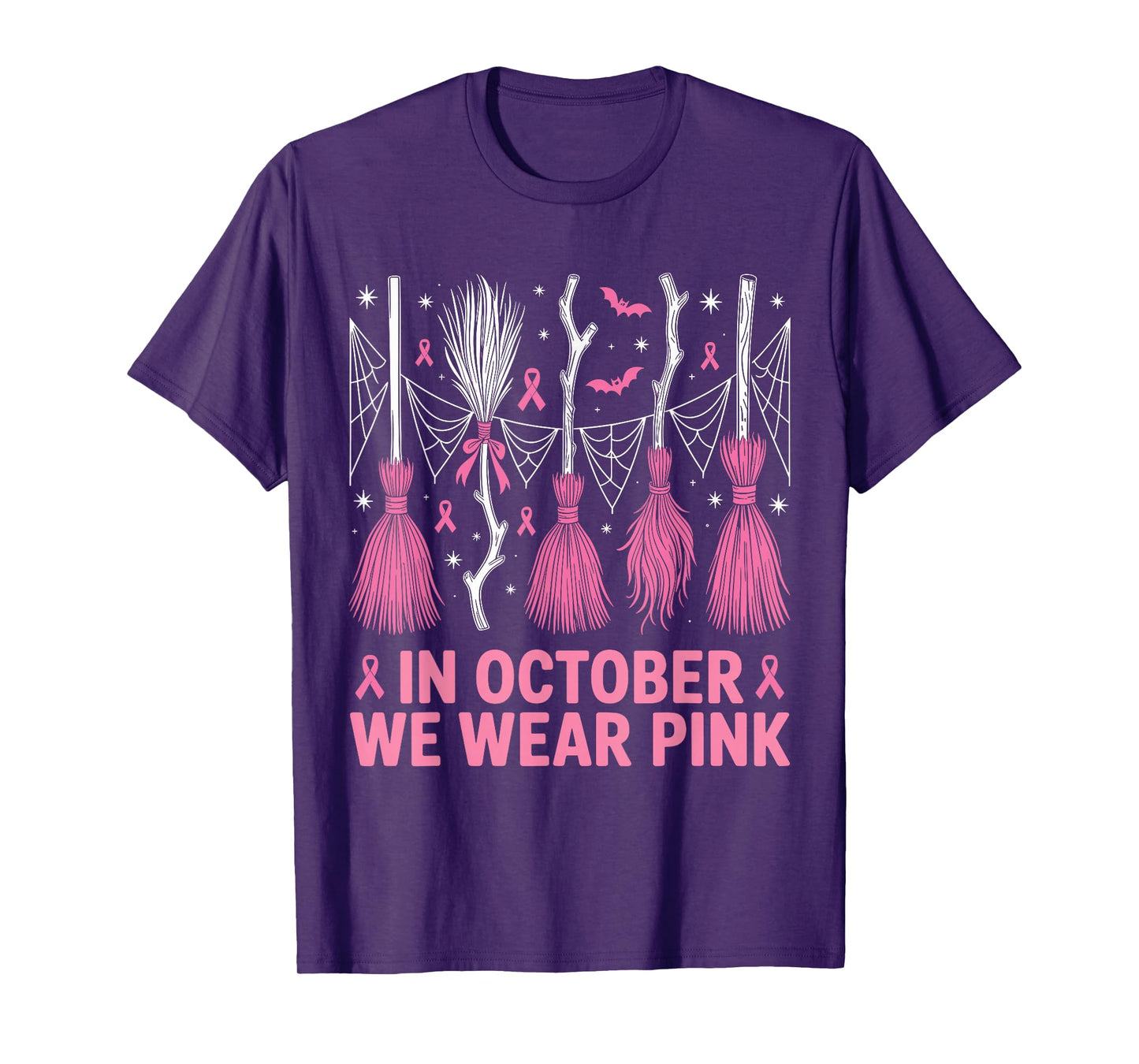 in October We Wear Pink Witch Brooms Breast Cancer Awareness T-Shirt