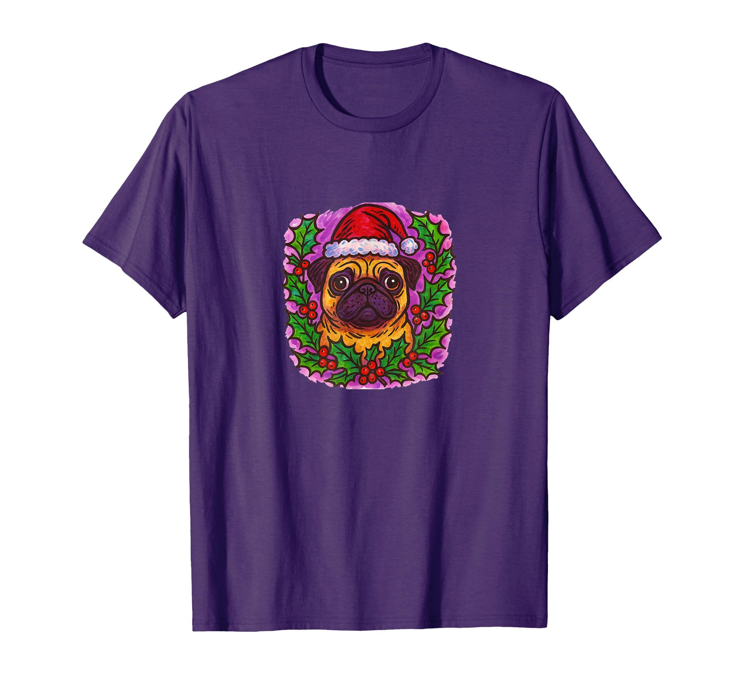 Christmas Pug Santa Hat Holly Holiday Cheer T-Shirt