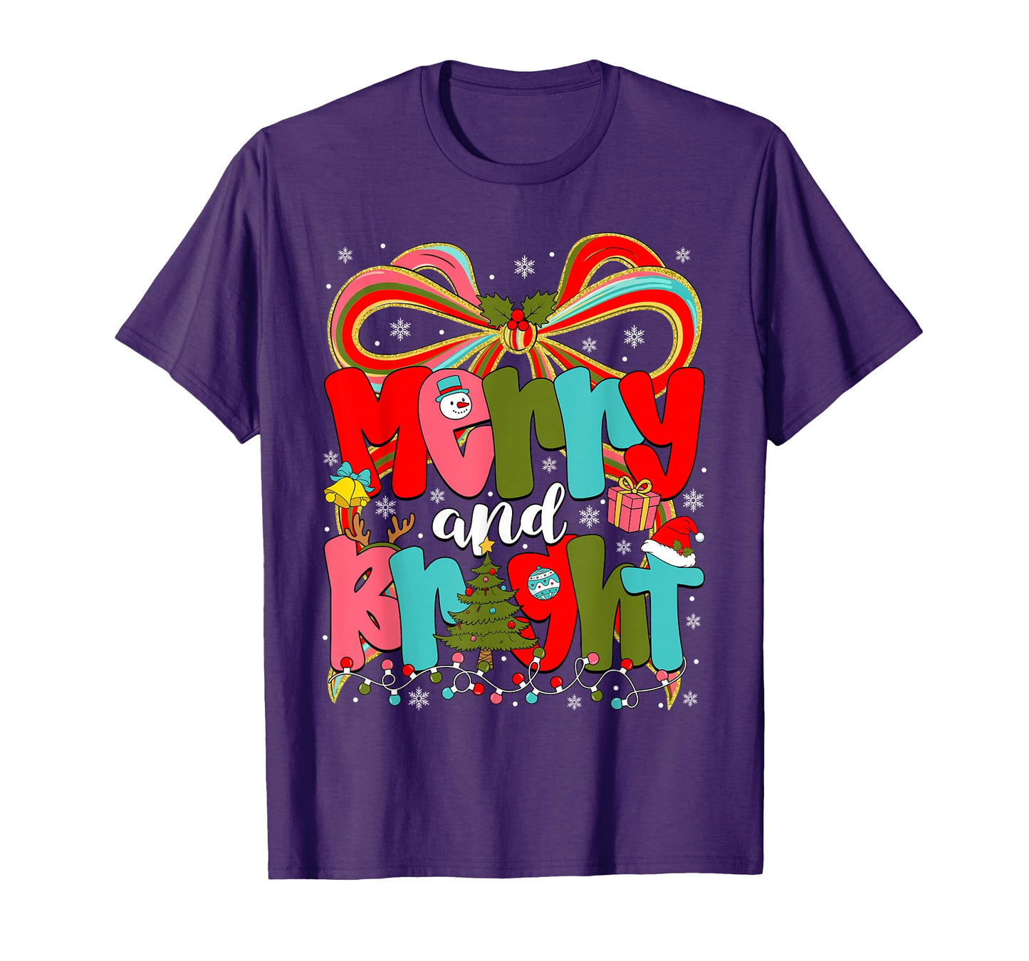 Merry and Bright Preppy Coquette Bow Christmas Women Girls T-Shirt
