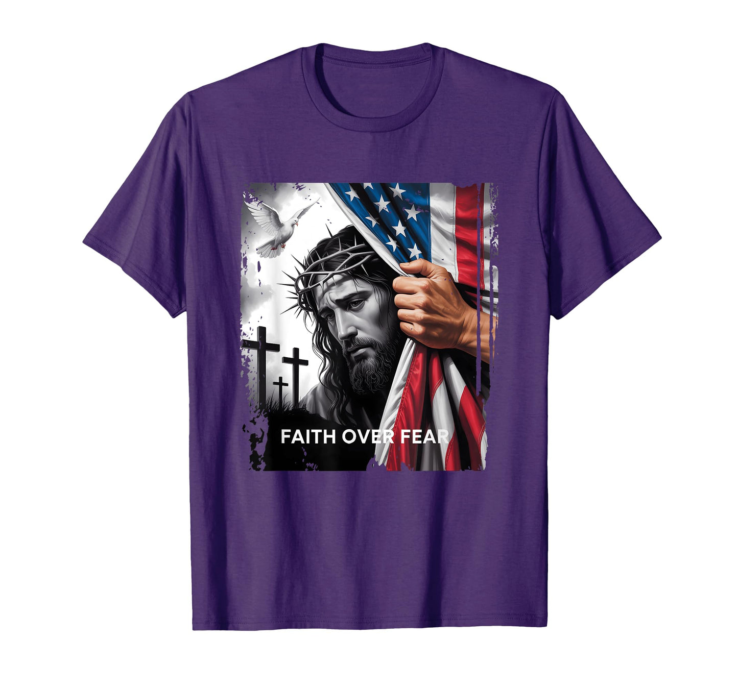 Faith Over Fear Sad Face Of Jesus Christian Usa Flag Patriot T-Shirt