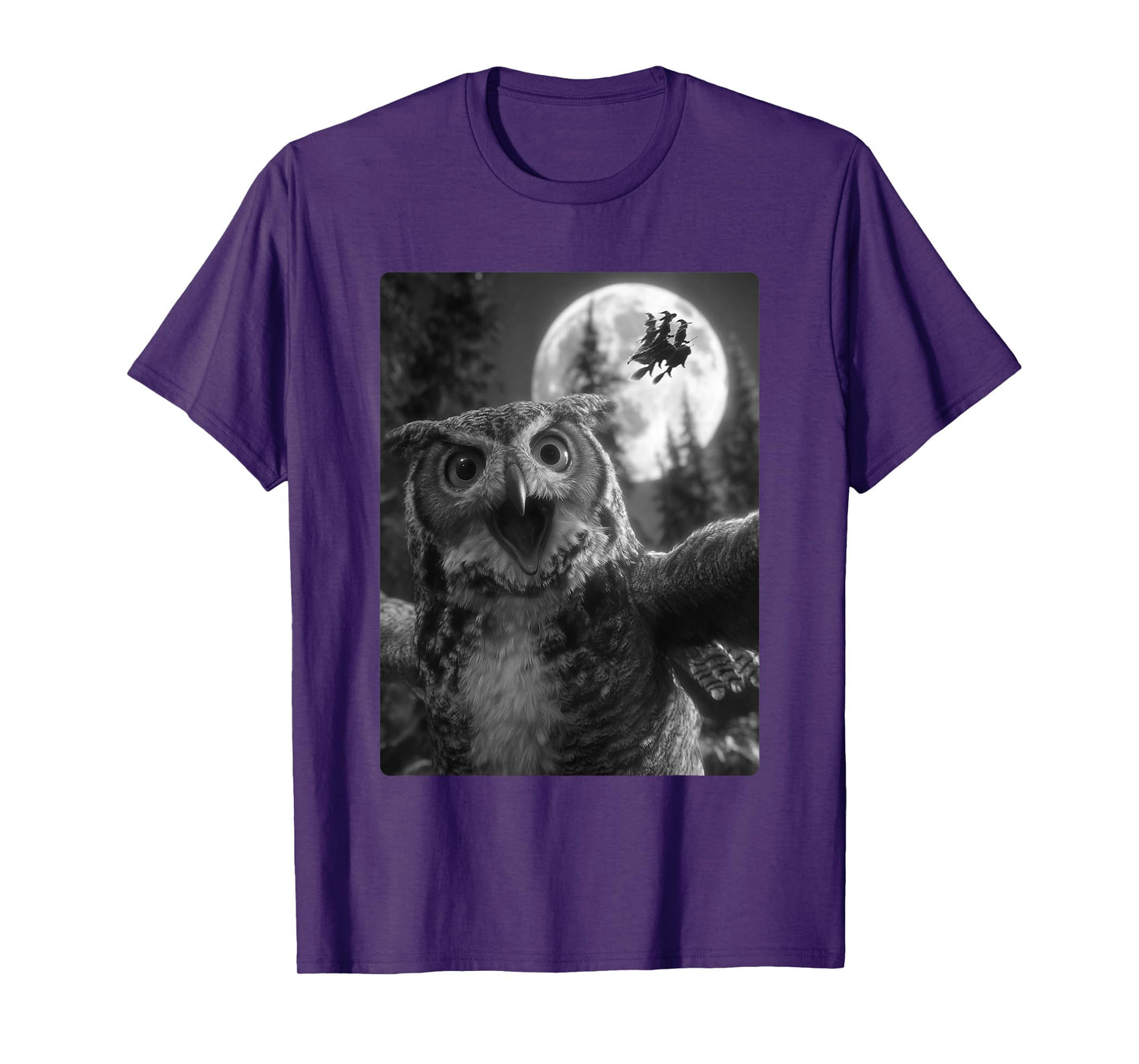 Funny Owl Selfie Full Moon Flying Witches Forest Halloween T-Shirt