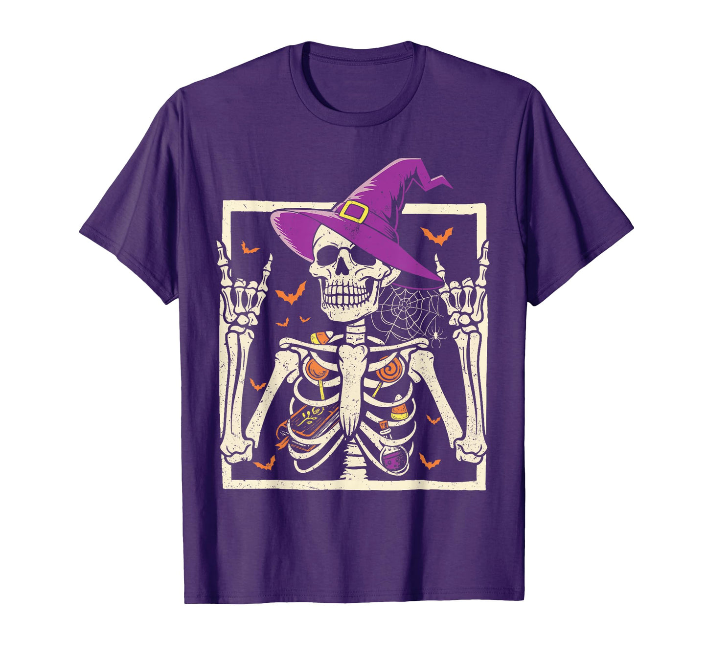 Rocker Skeleton Witch Hat Spooky Cool Design Punk Rock On T-Shirt