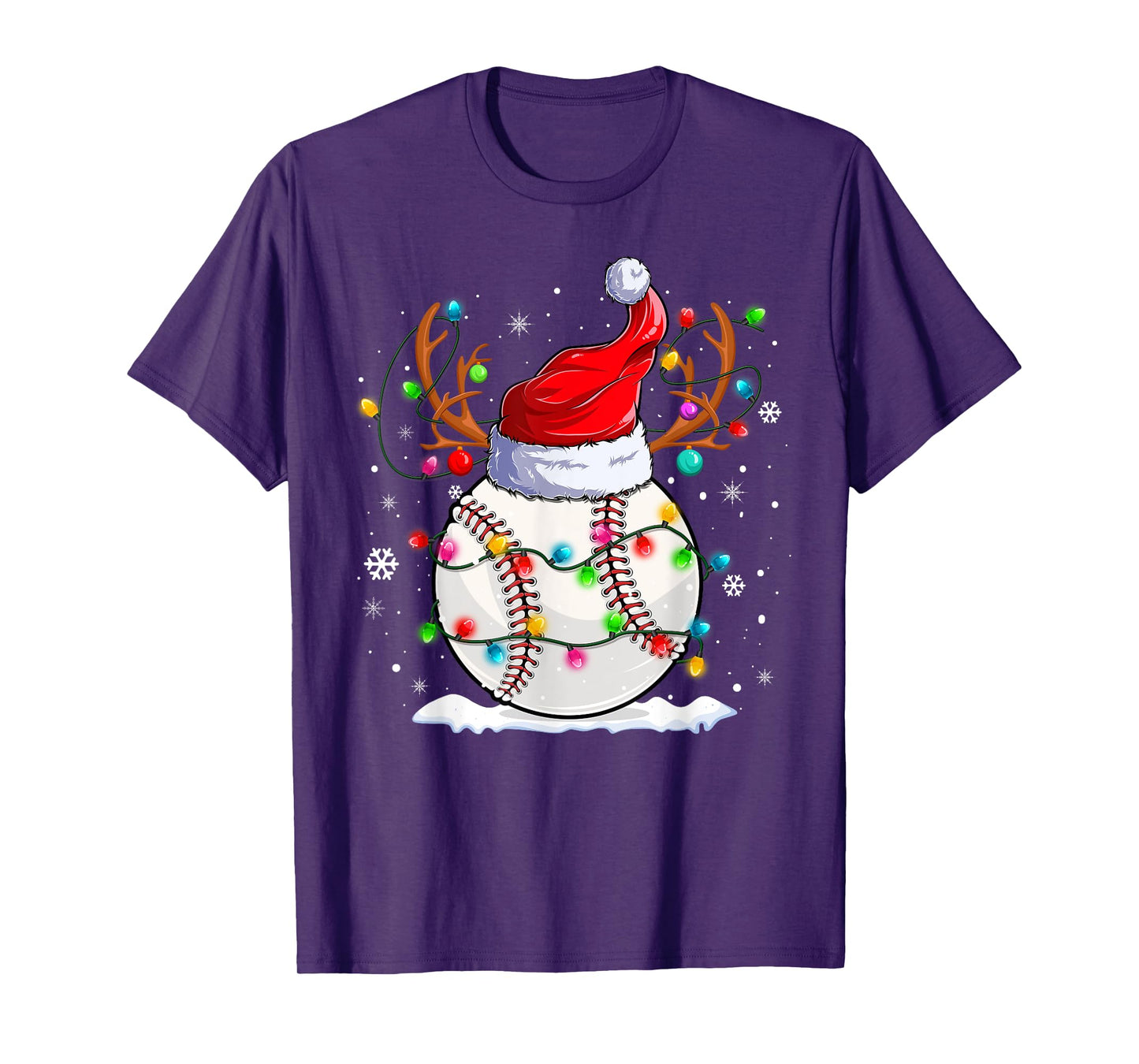 Baseball Santa Hat Reindeer Christmas Lights Funny Xmas T-Shirt