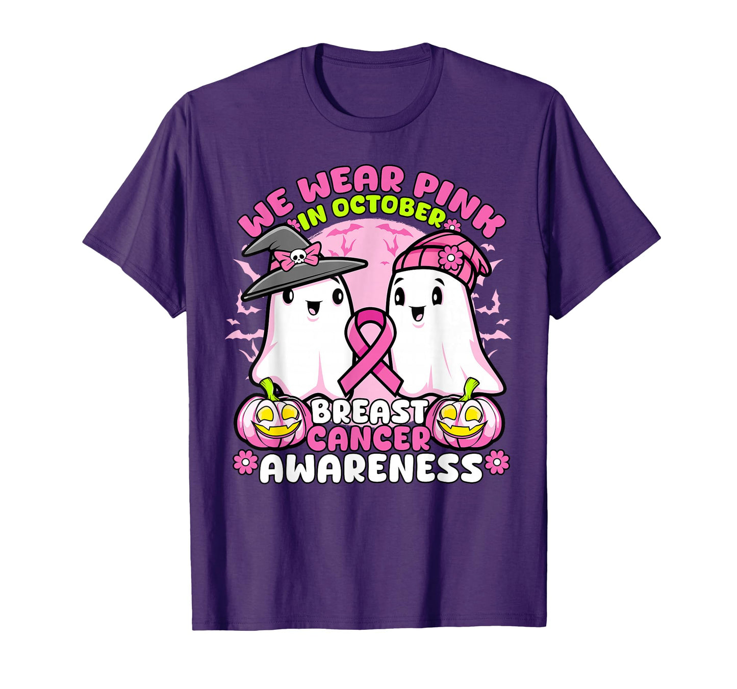 Breast Cancer Halloween Ghost in October We Wear Pink Ribbon T-Shirt