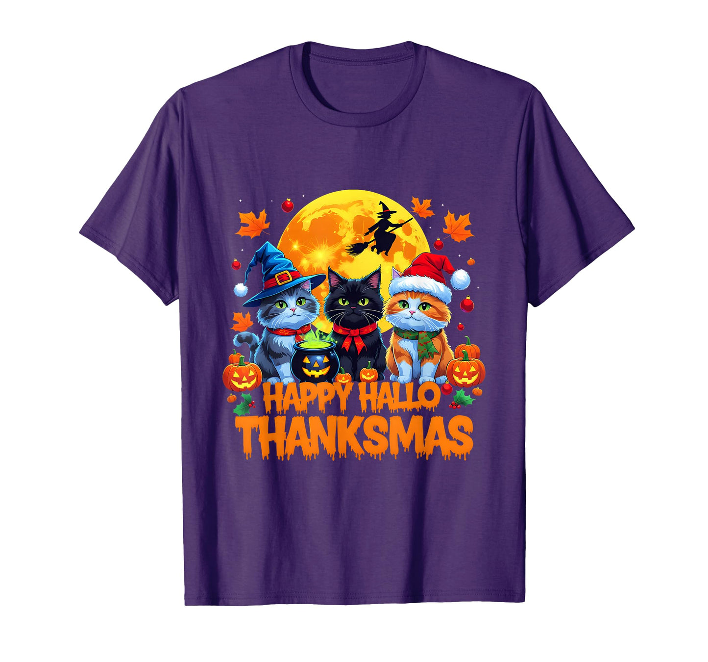 Thanksgiving Christmas Cats Happy Hallothanksmas Halloween T-Shirt