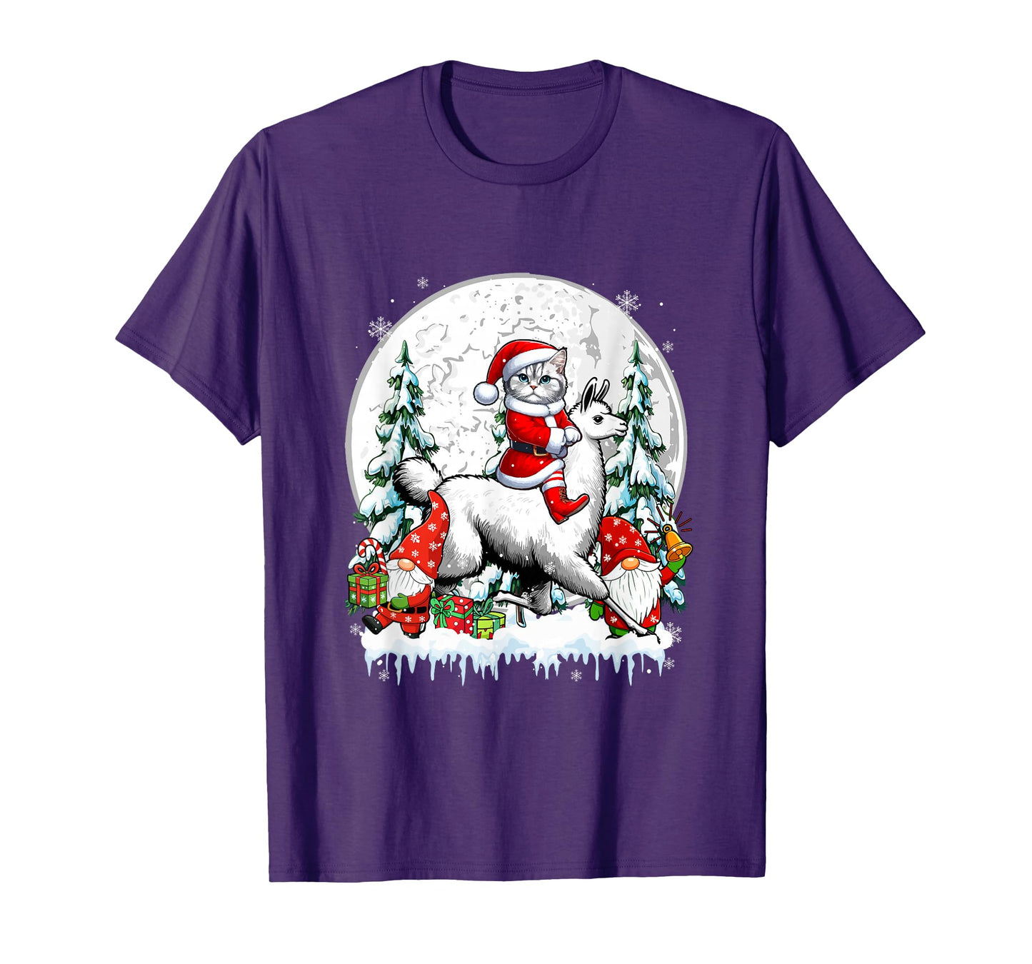 Santa Cat Riding Llama Gnomes Christmas Trees Family Kids T-Shirt