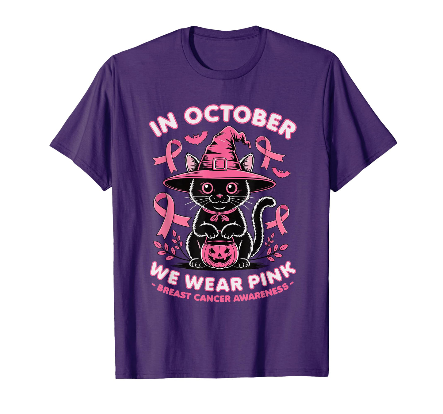 We Wear Pink in October Breast Cancer Women Halloween Cat T-Shirt