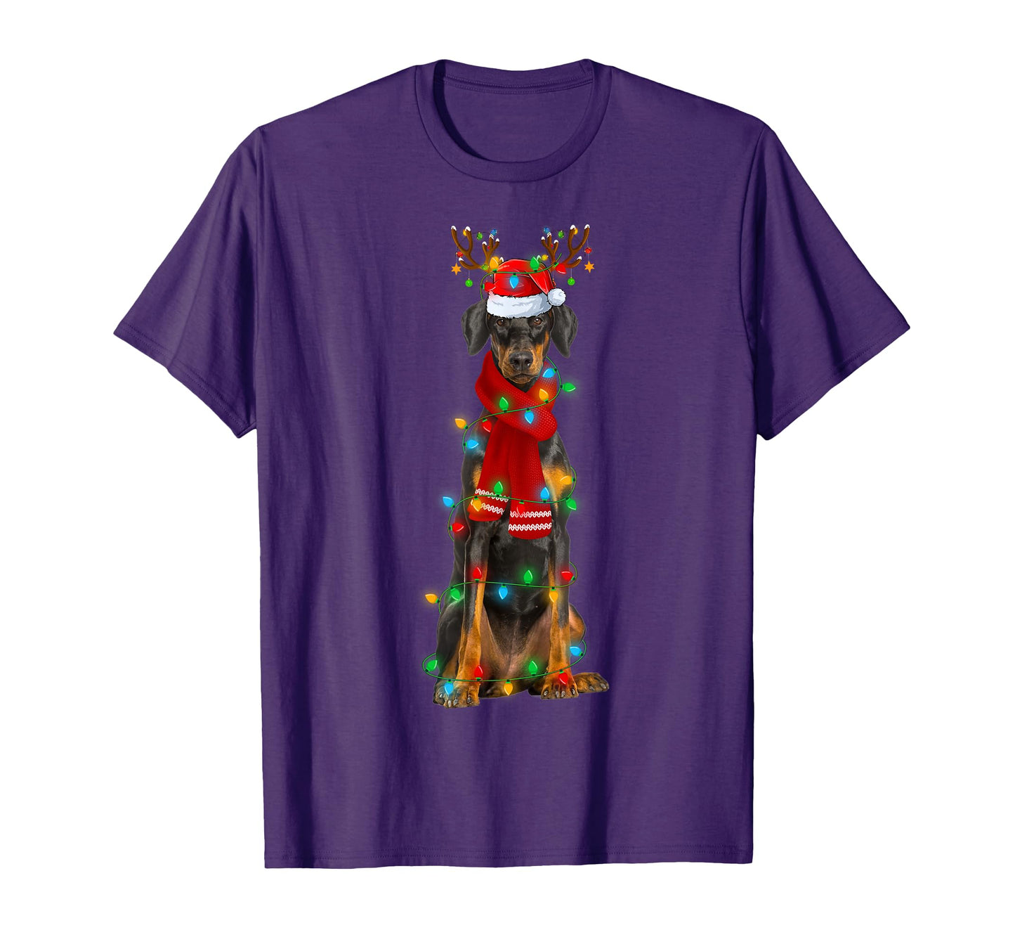 Doberman Pinscher Dog Christmas Lights Santa Hat Xmas T-Shirt