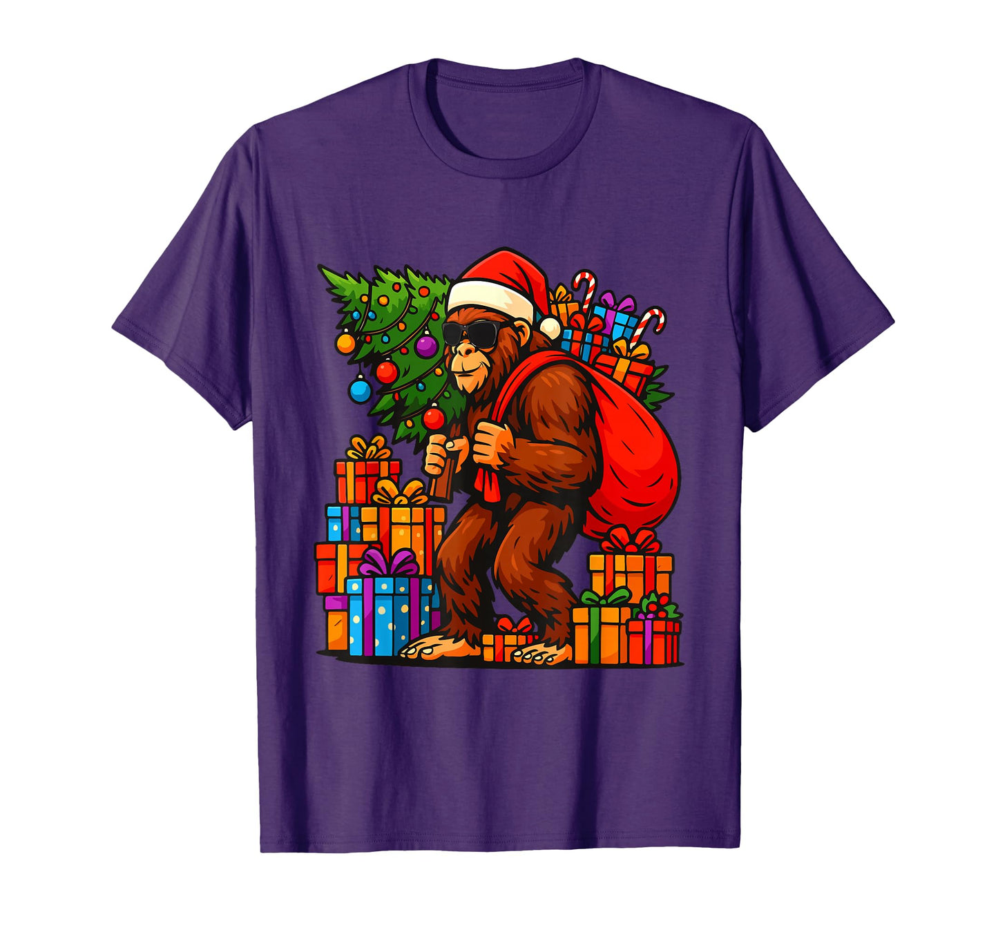 Santa Bigfoot Christmas Tree Lights Xmas Boys Men Sasquatch T-Shirt
