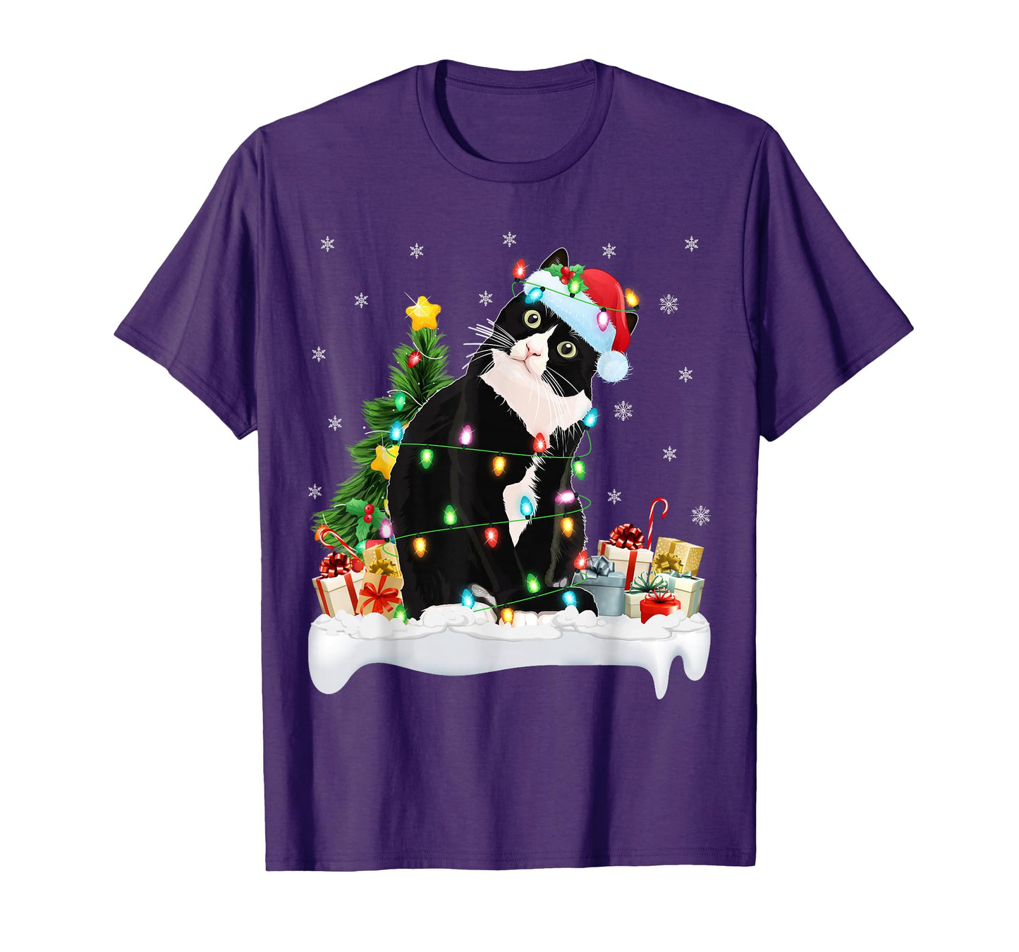 Black Cat Christmas Lights Santa Hat Black Cat Lover Xmas T-Shirt