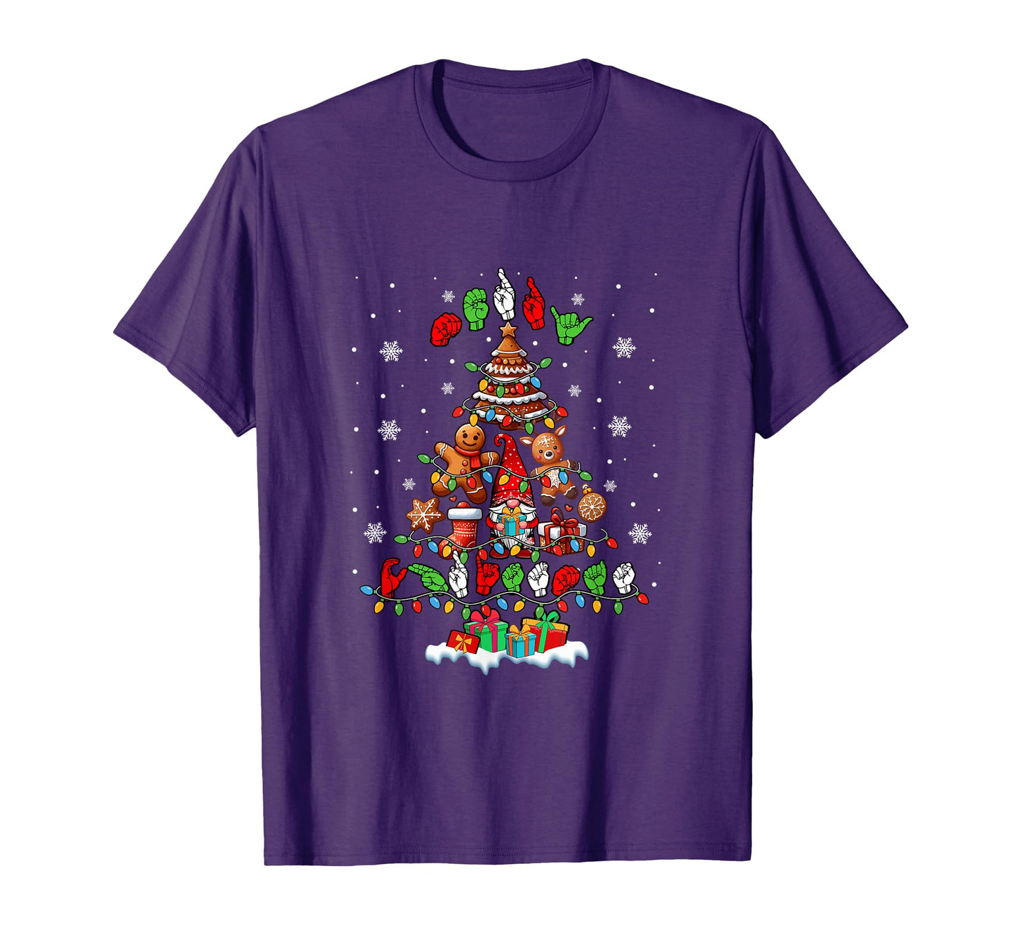 Merry Christmas Hands Sign Language Gnomes Cookies Xmas Tree T-Shirt