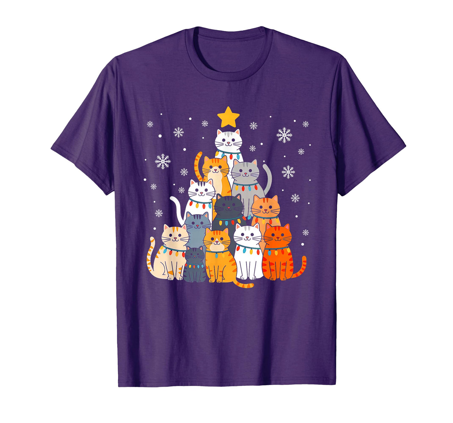 Cute Cat Christmas Tree Lights Funny Xmas Family Men Women T-Shirt
