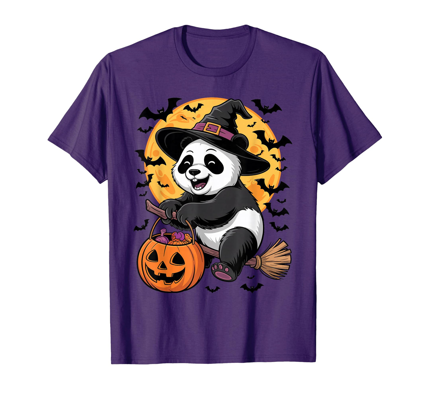 Halloween Panda Witch Hat and Broom Pumpkin Candy Bucket T-Shirt