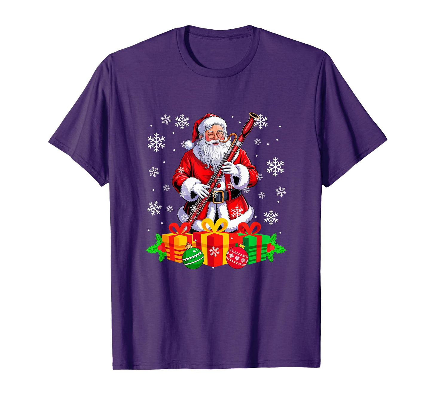 Santa Playing Bassoon Instrument Colorful Christmas Boxes T-Shirt