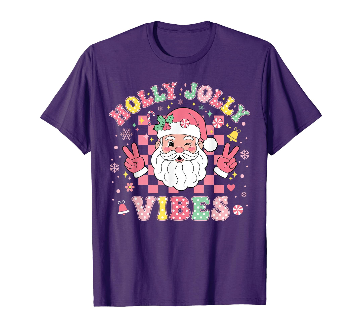 Groovy Holly Xmas Jolly Vibes Pink Christmas Santa Men Women T-Shirt