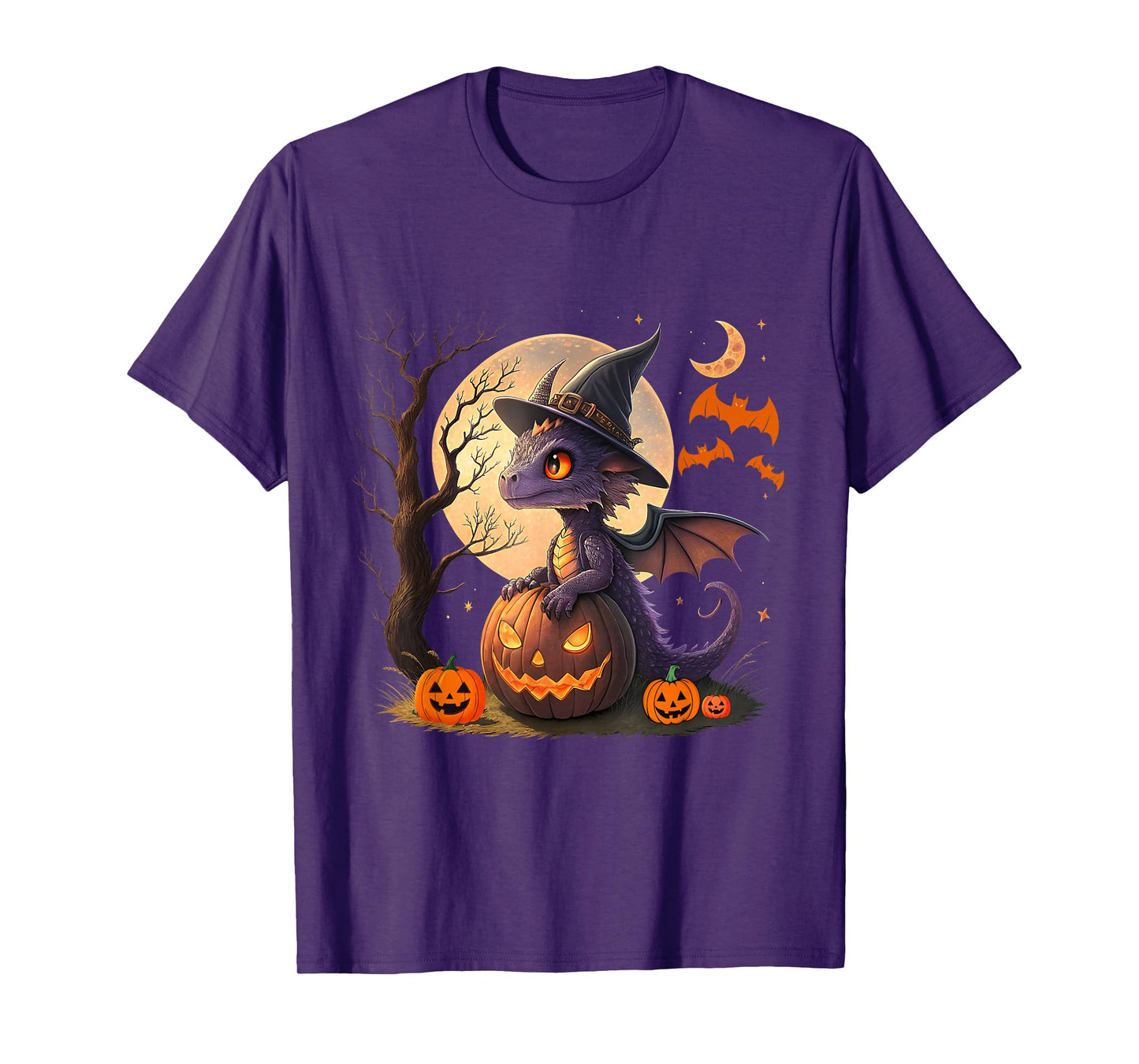 Cute Halloween Dragon Witch Hat Pumpkin Moon Fantasy T-Shirt