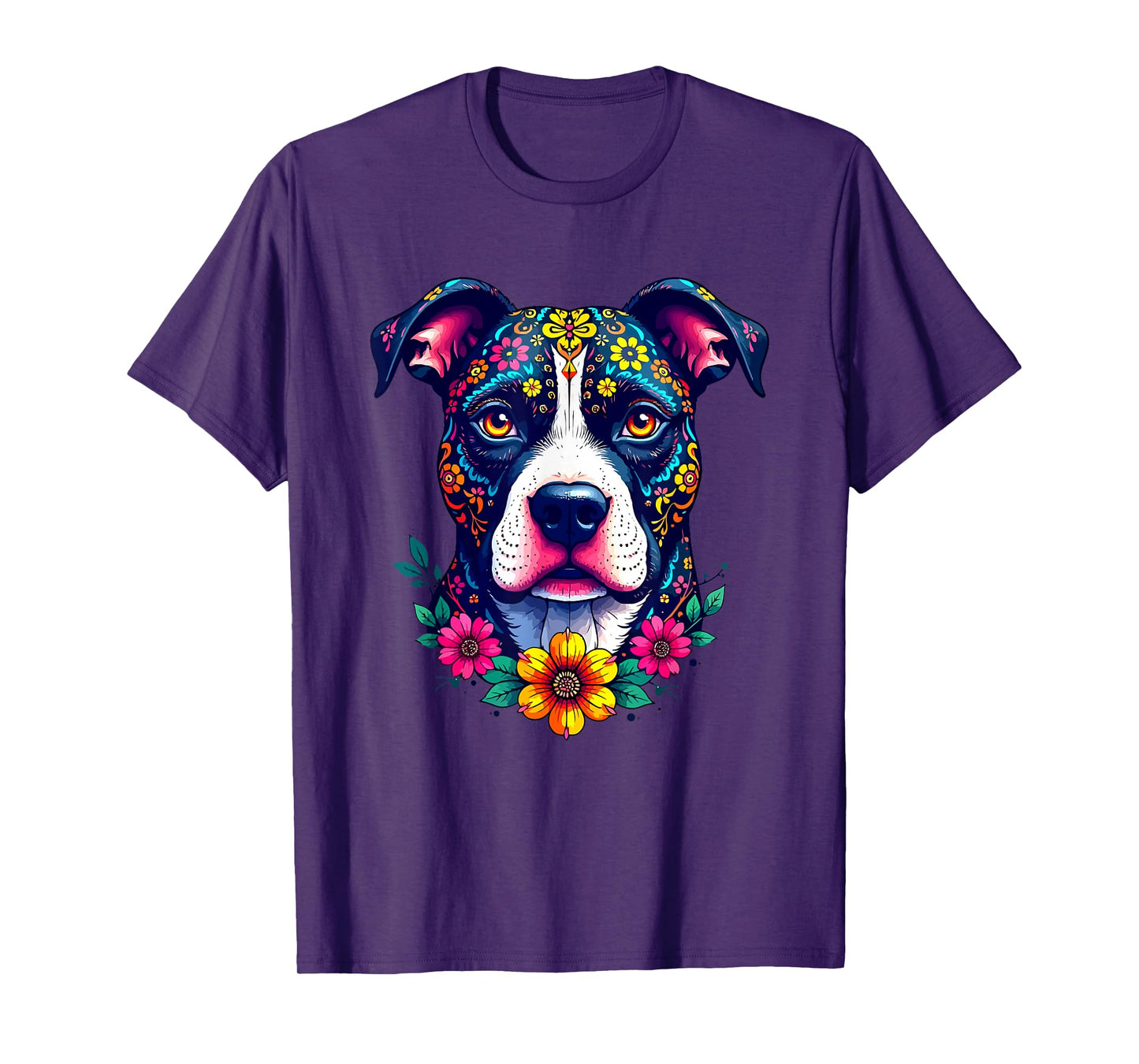 Mexican Sugar Skull Pitbull Dog Dia de Muertos Halloween Day T-Shirt