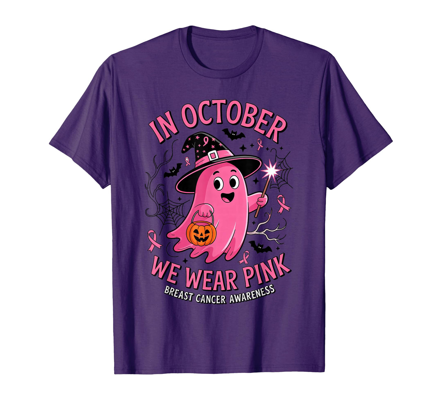 Cute Ghost Witch Pink Ribbon October Breast Cancer Awareness T-Shirt