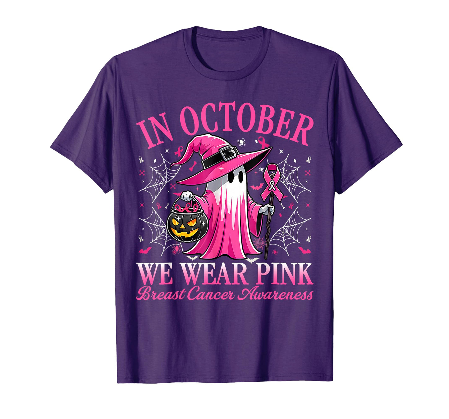 in October We Wear Pink Witch Breast Cancer Women Halloween T-Shirt