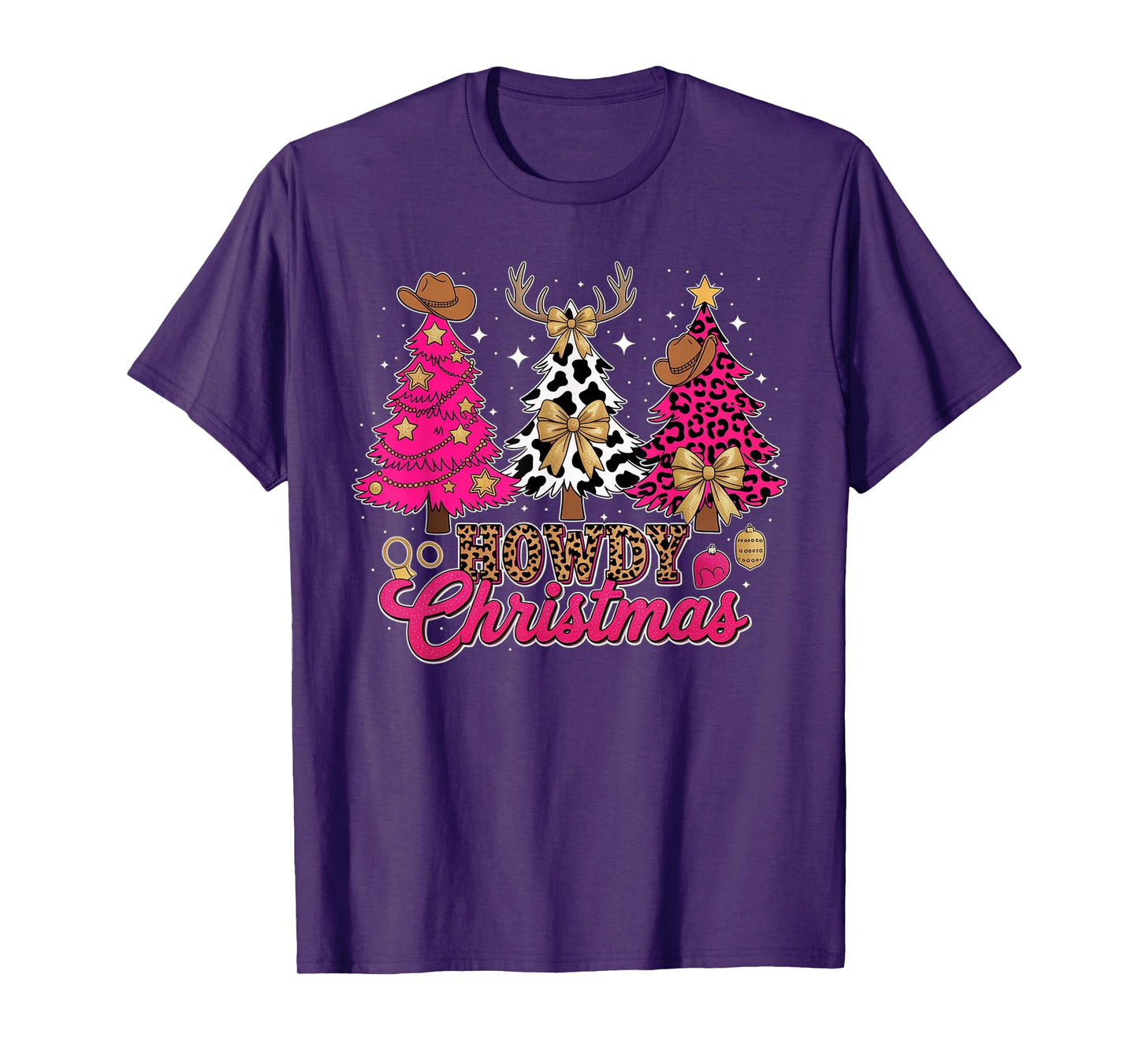 Howdy Christmas Pink Leopard Cow-Print Tree Coquette Cowgirl T-Shirt