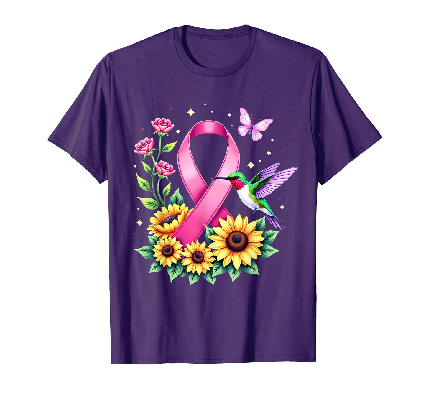 Hummingbird Sunflower Pink Ribbon Breast Cancer Awareness T-Shirt