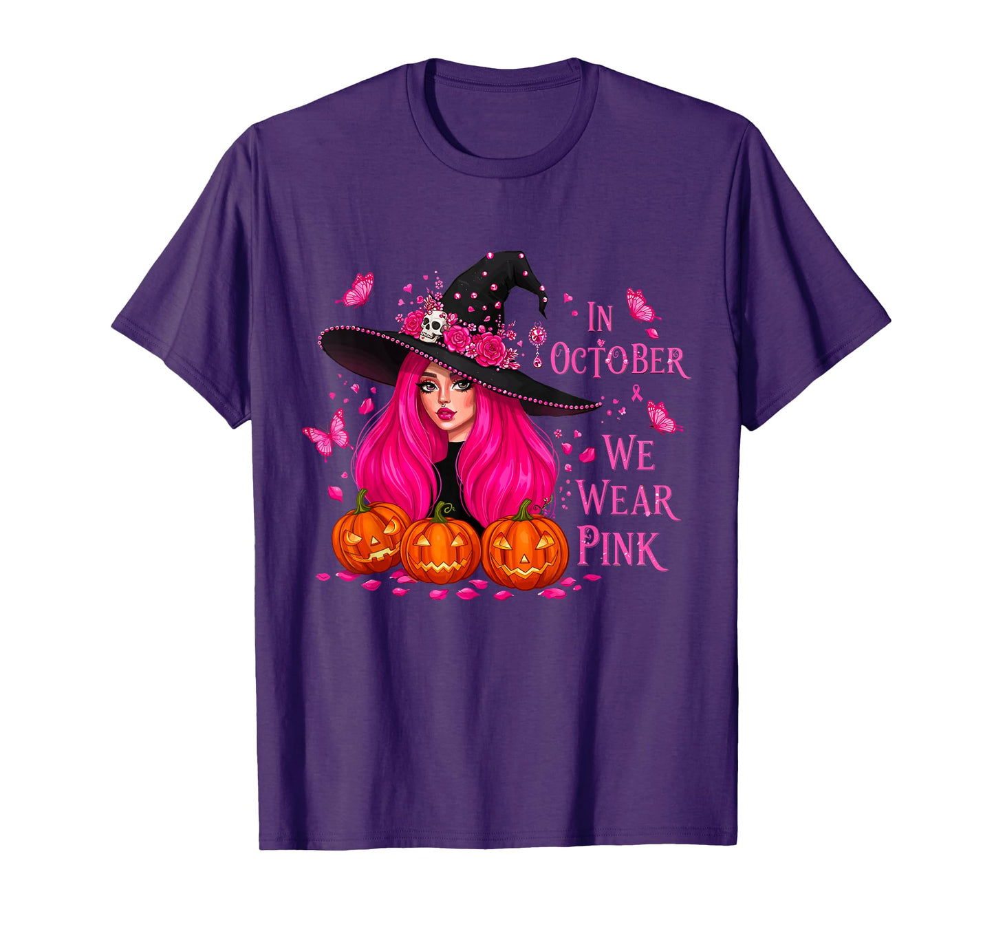 in October We Wear Pink Witch Breast Cancer Halloween T-Shirt