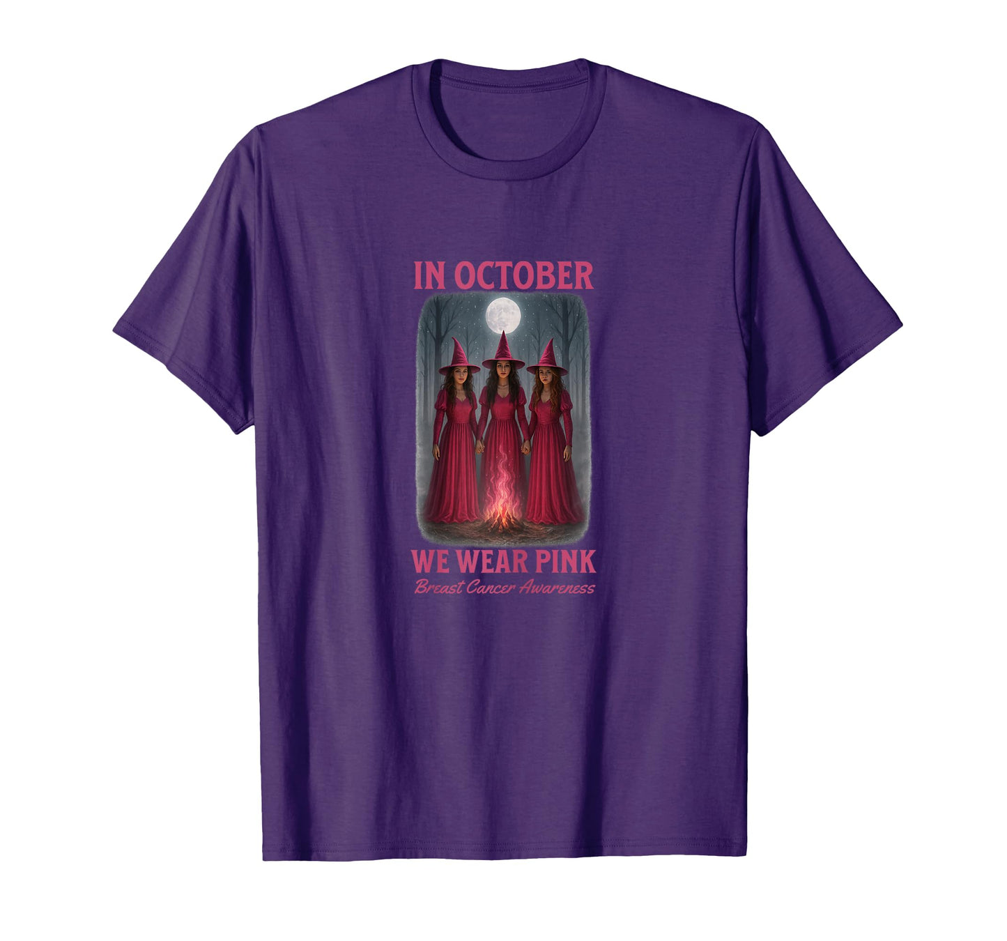 in October We Wear Pink Breast Cancer Awareness Witches Moon T-Shirt