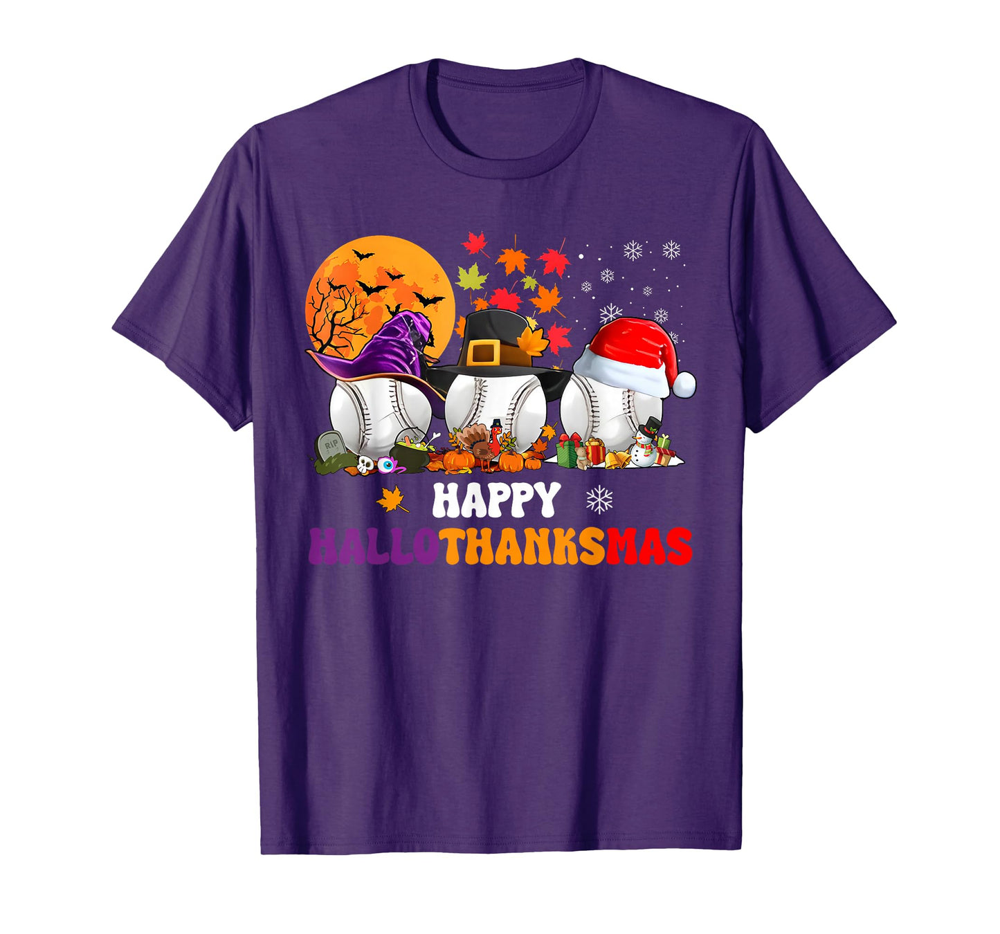 Happy Hallothanksmas Baseball Boys Youth Men Merry Christmas T-Shirt