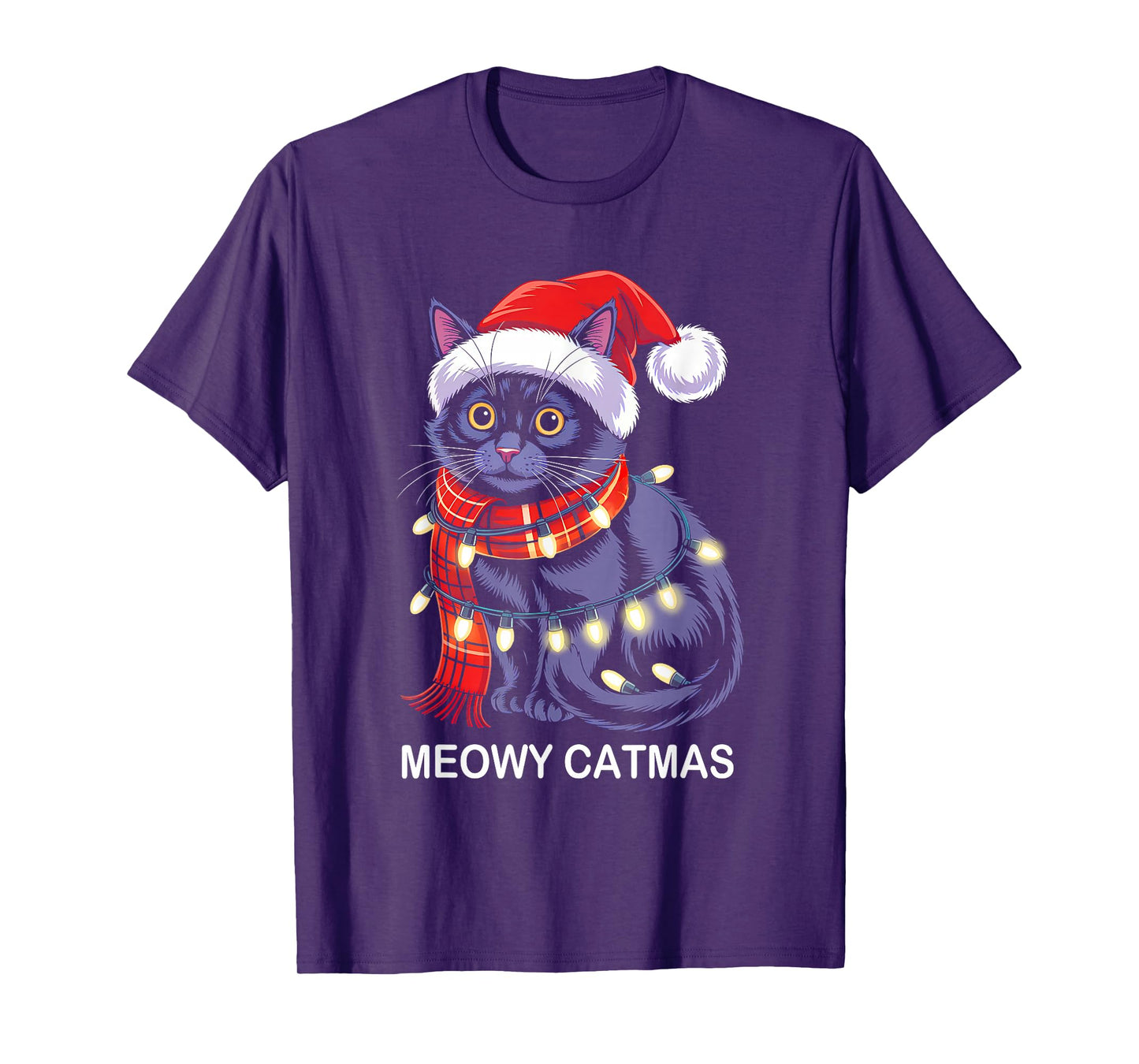 Meowy Catmas Christmas Lights Black Cat Santa Xmas Pajamas T-Shirt